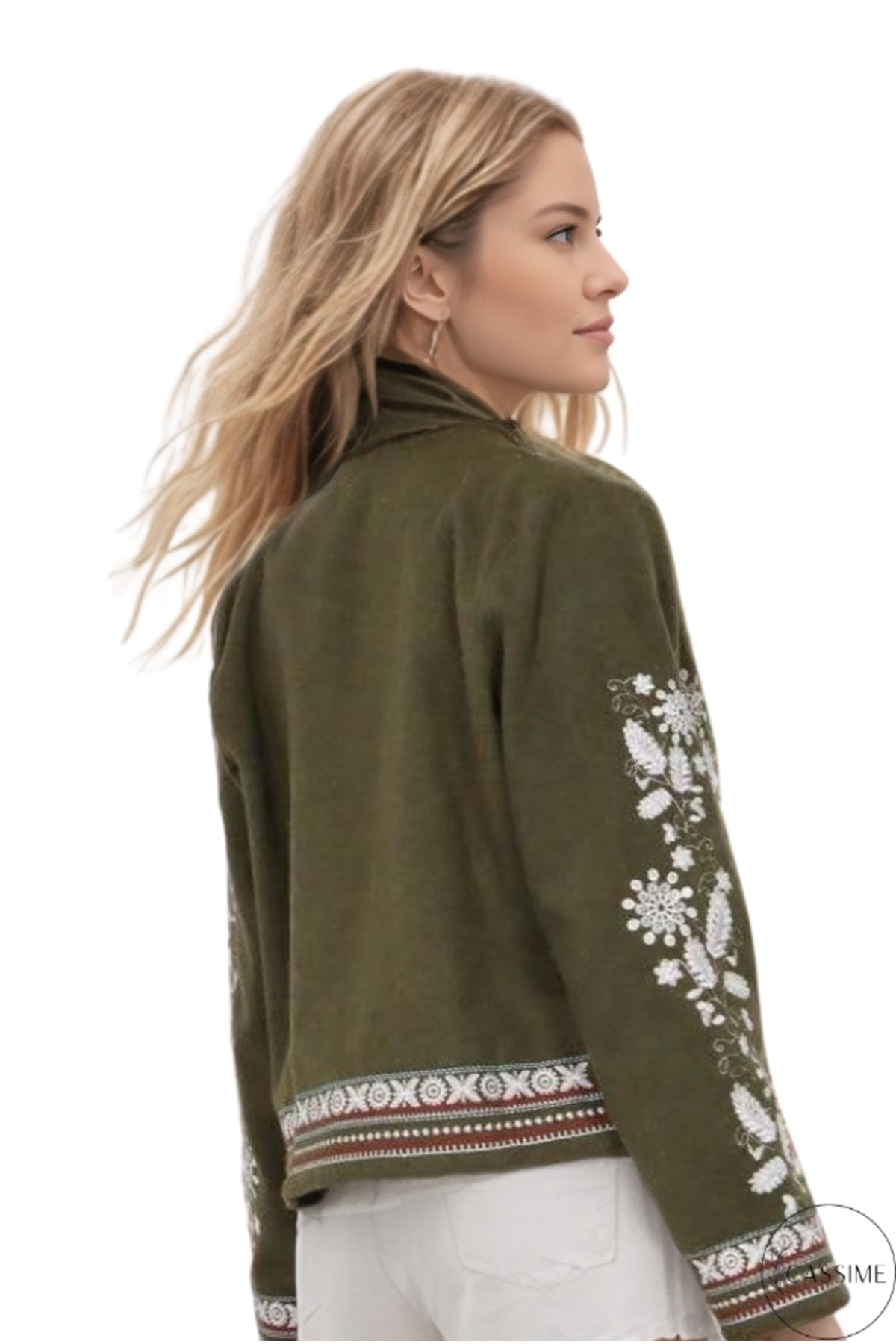 Caitlin Women's Floral Embroidered Boho Jacket - Khaki