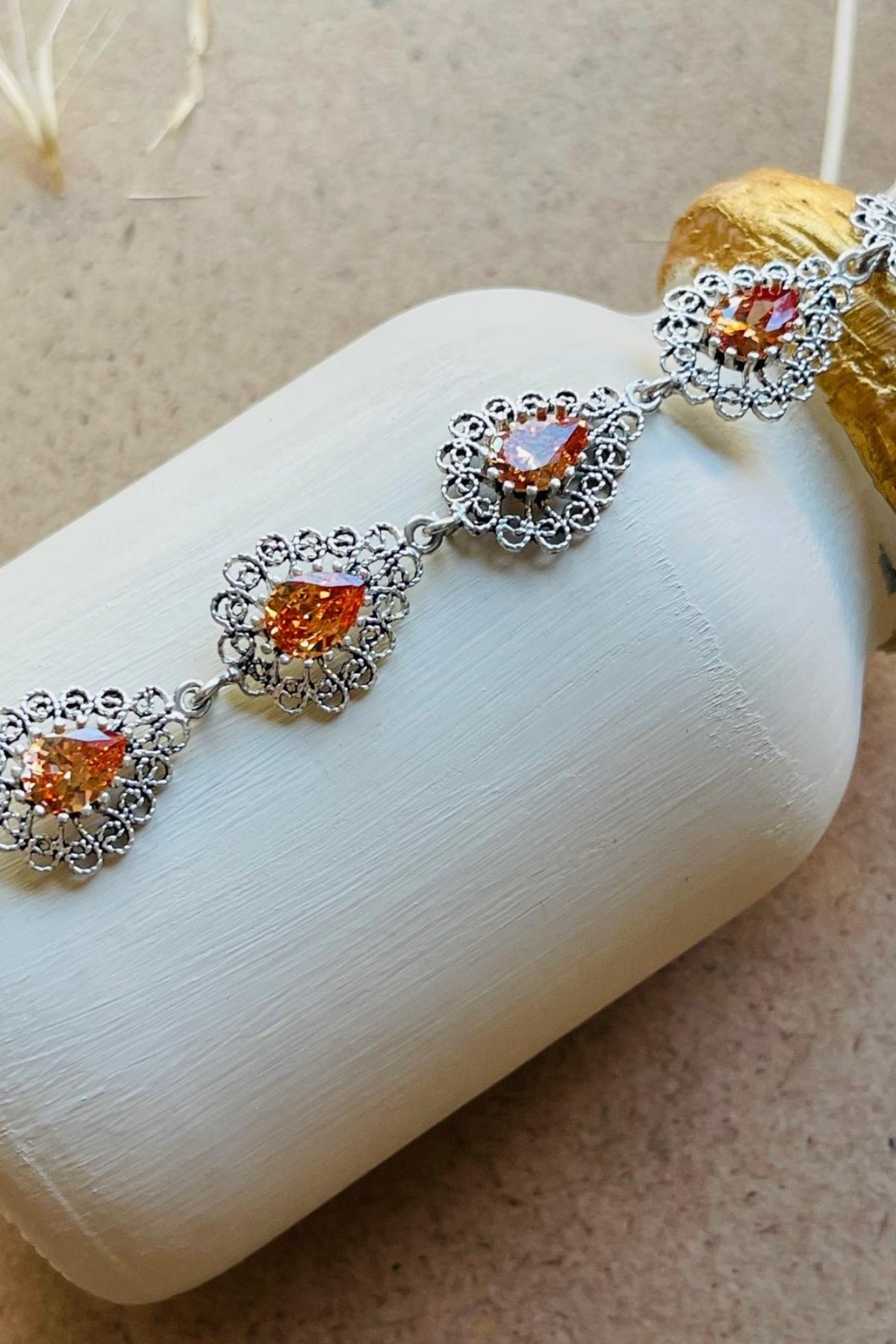 Brooke Seven-Stone Filigree Silver Bracelet - Yellow Rhinestone