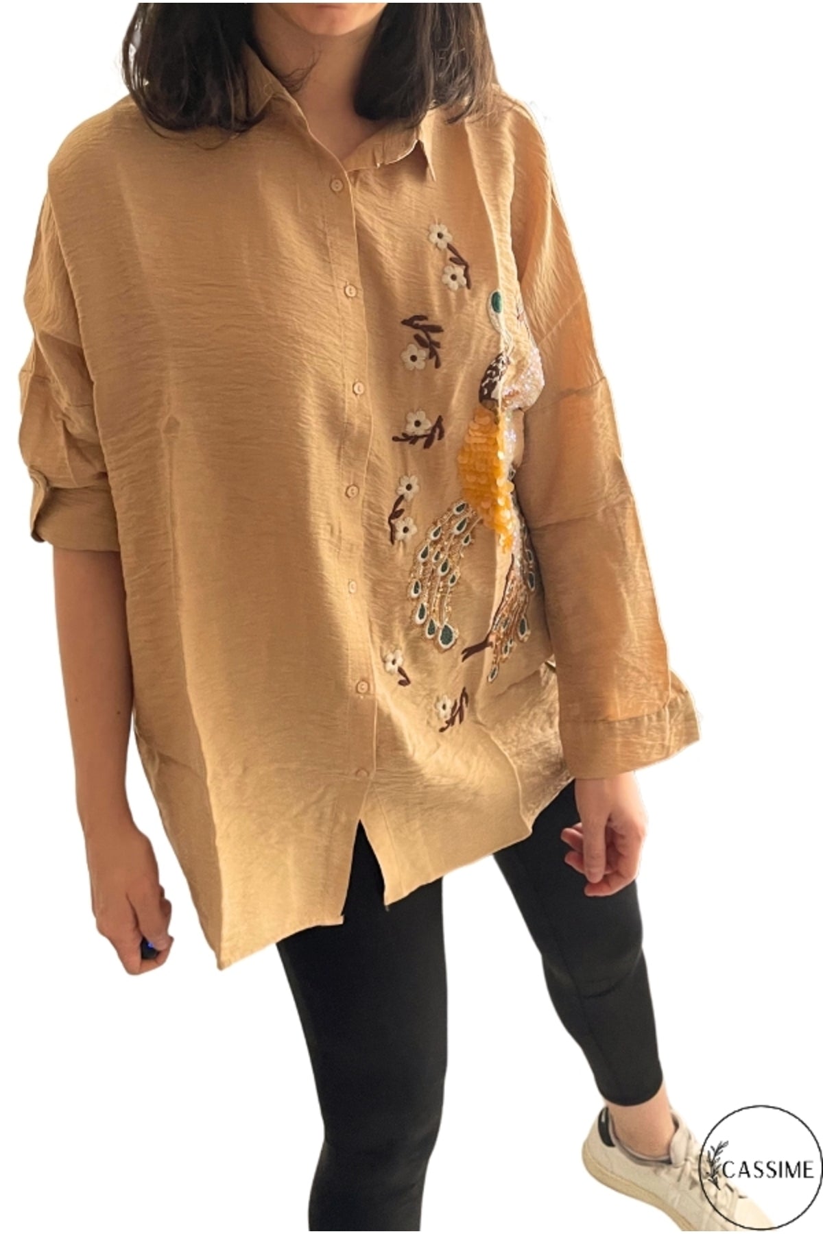 Emily Women's Peacock Sequin Oversized Shirt - Beige Peacock