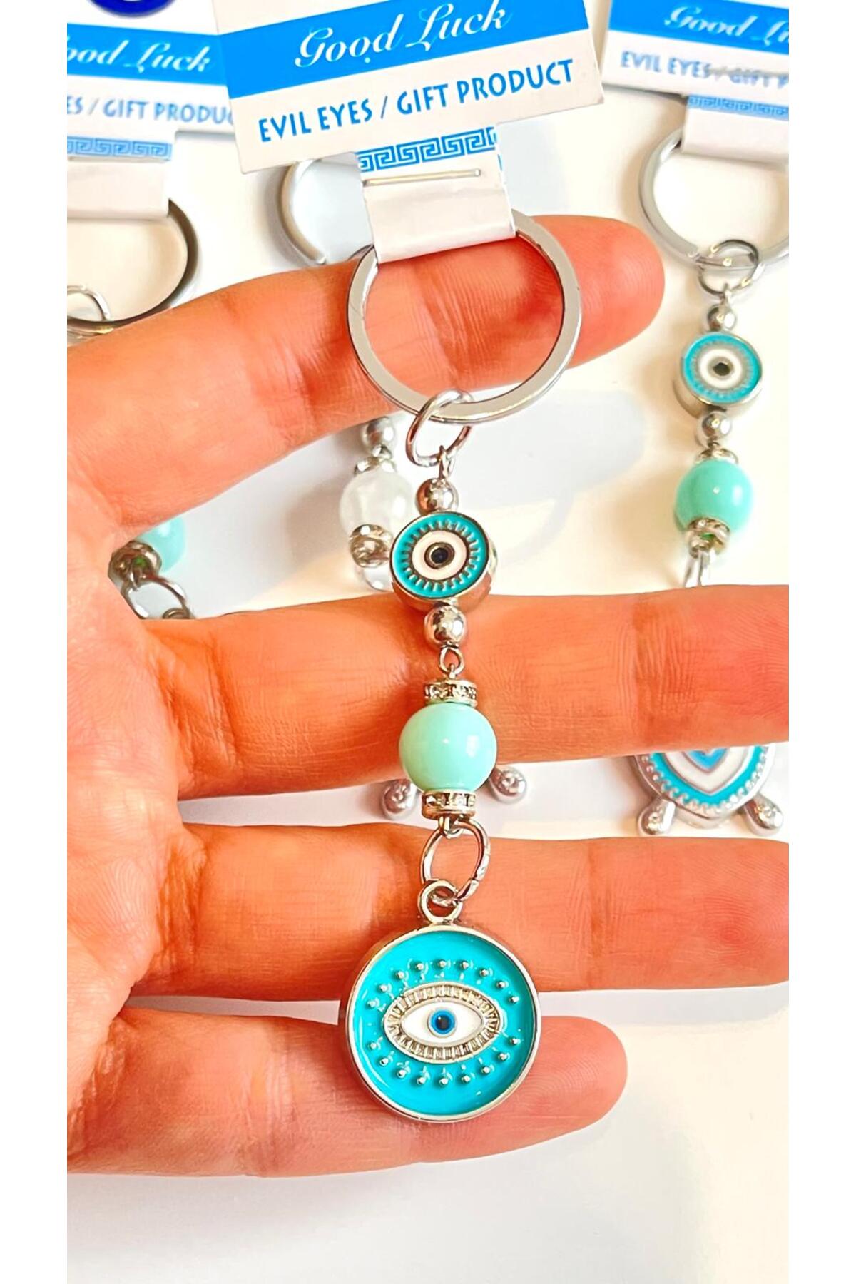 Abigail Silver-Plated Evil Eye Keychain - Round Turquoise Evil Eye Metal