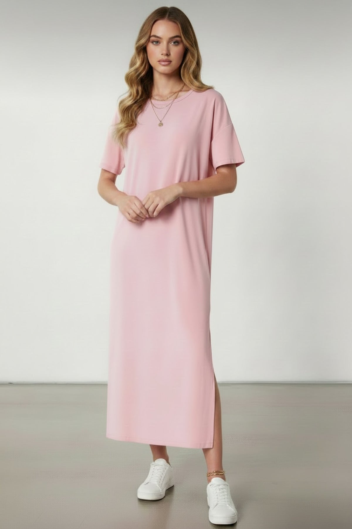 Lucille Women's Half Sleeve Knit Maxi Dress with Slit - Pink