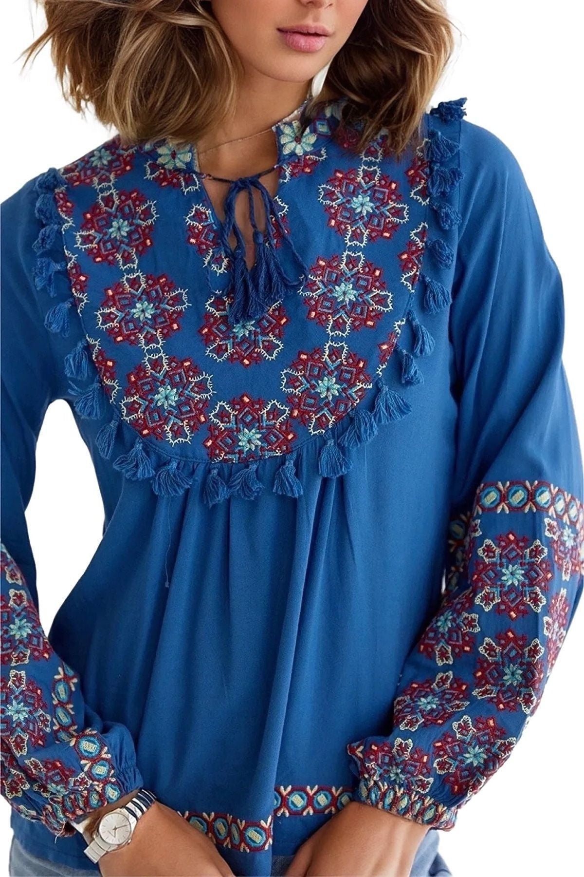 Arabella Women's Boho Embroidered Blouse - Blue