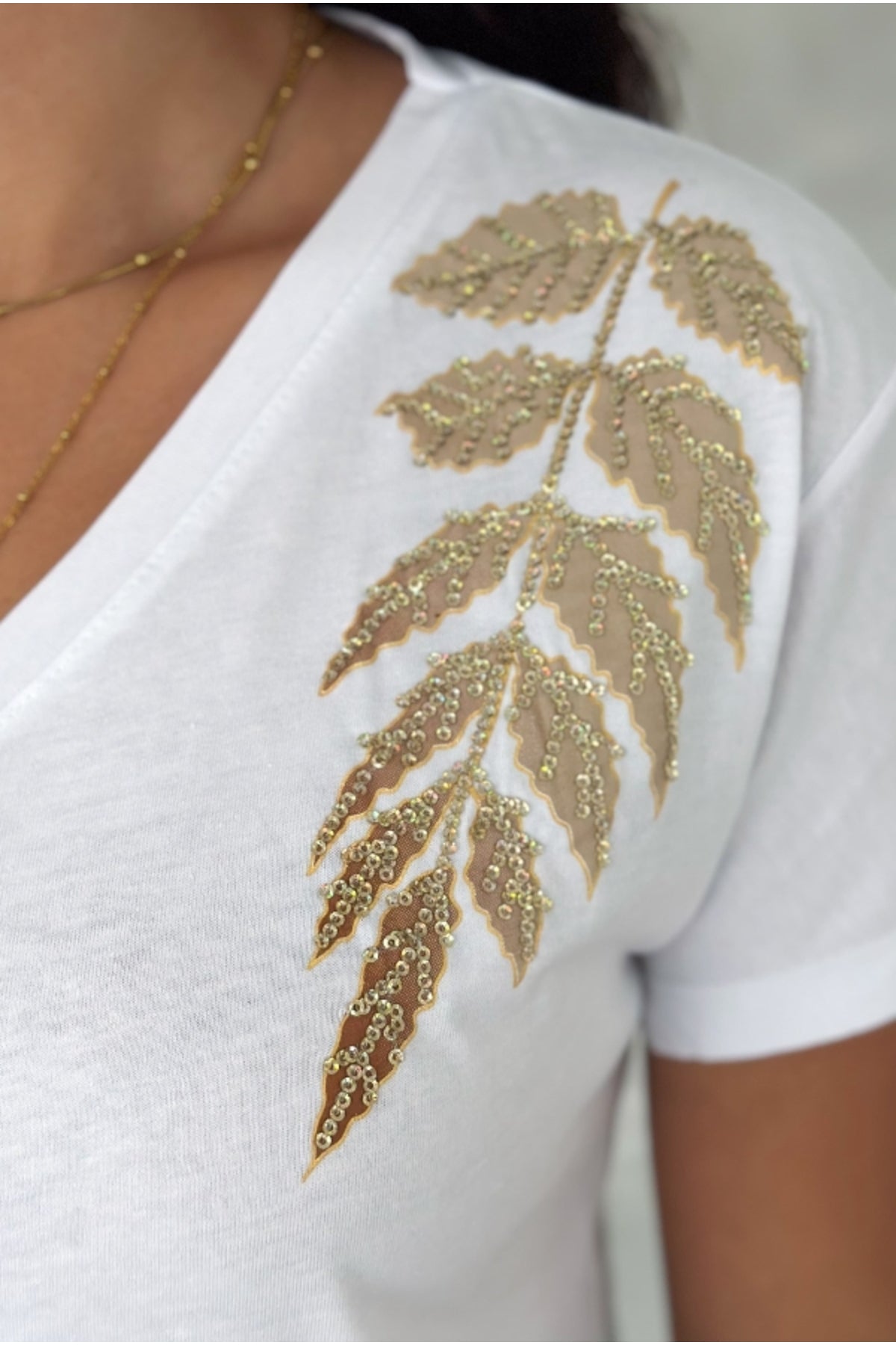Olivia Women's Cotton Plus Size Embellished V-Neck T-Shirt - White with Gold Leaf Shoulder Sequins