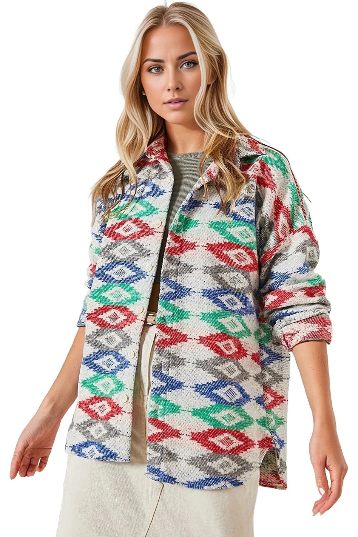 Ellen Women's Boho Print Button-Up Shacket - Blue and Green Red Print