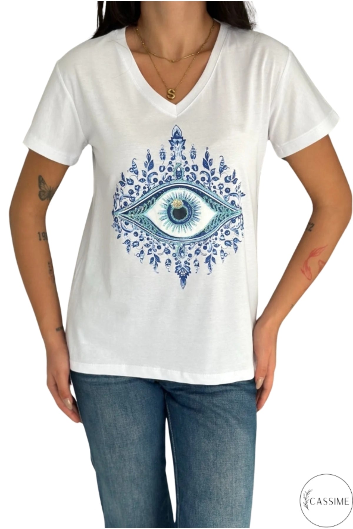 Olivia Women's Cotton Plus Size Embellished V-Neck T-Shirt - White with Blue Evil Eye Print