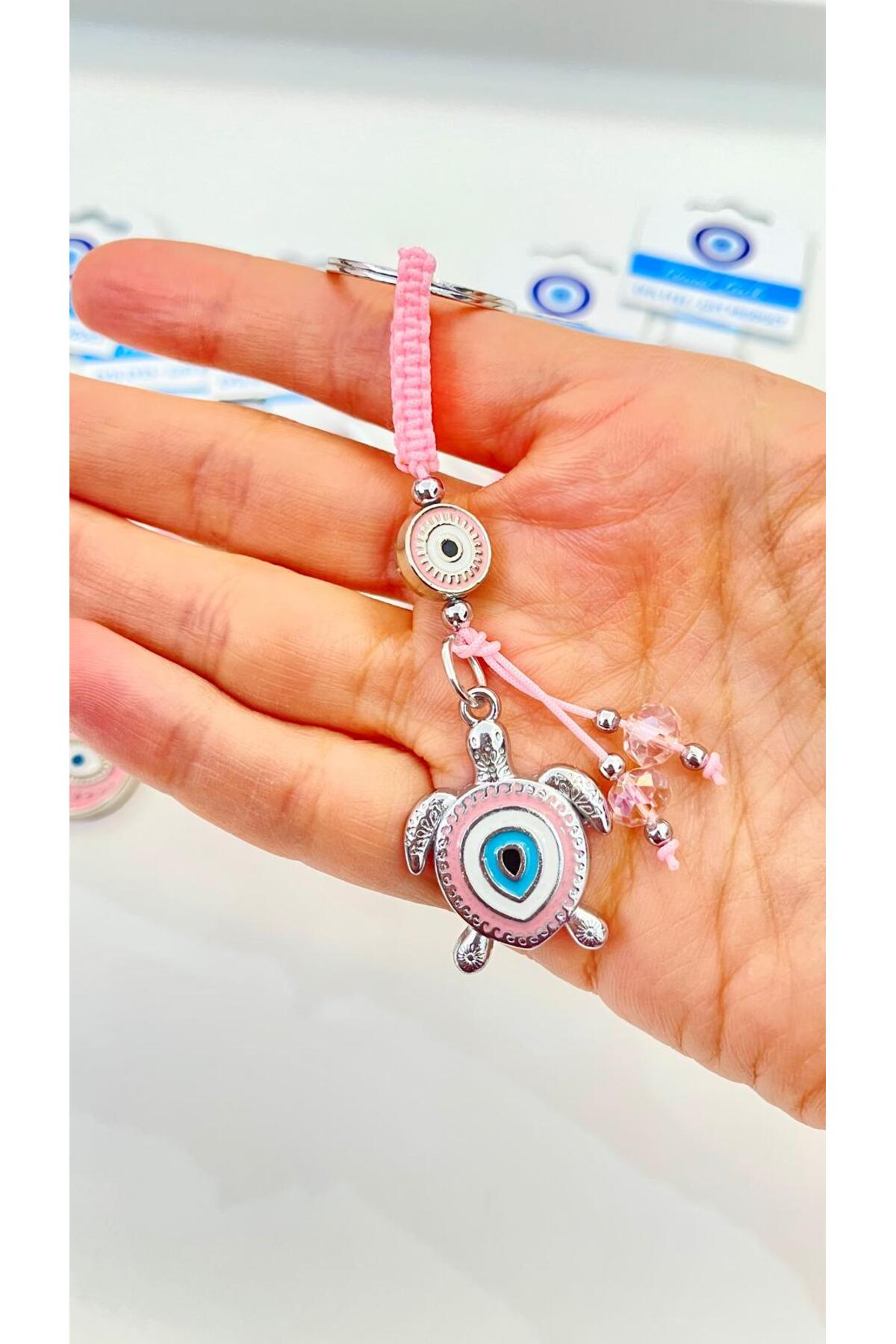 Abigail Silver-Plated Evil Eye Keychain - Pink Turtle Design