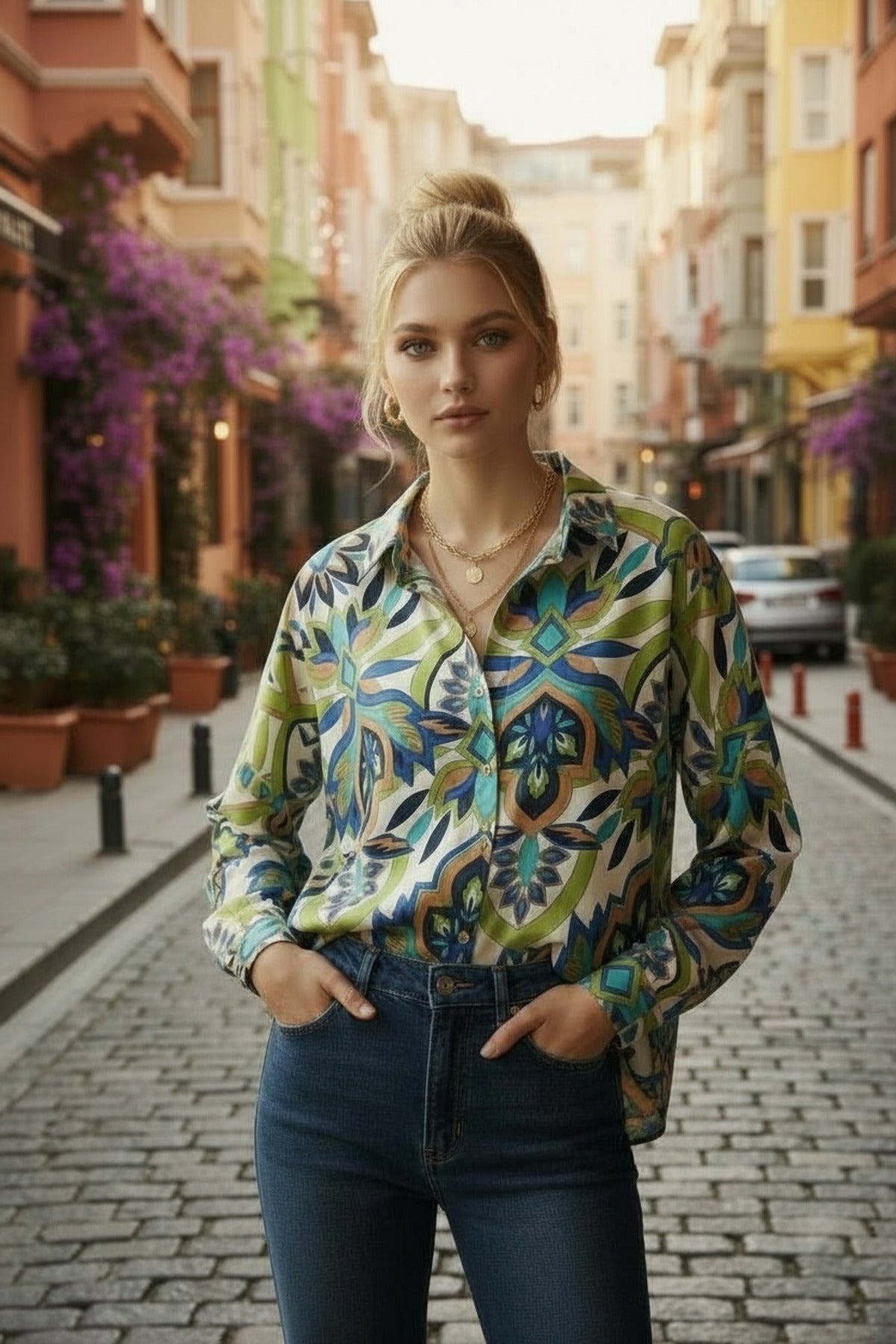 Emilia Women's Linen-Viscose Blend Oversized Printed Shirt - Blue and Cream Green