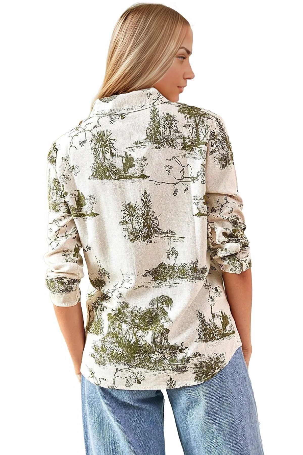 Amelia Women's Viscose Long Sleeve Button-Up Shirt - Green Forest Print