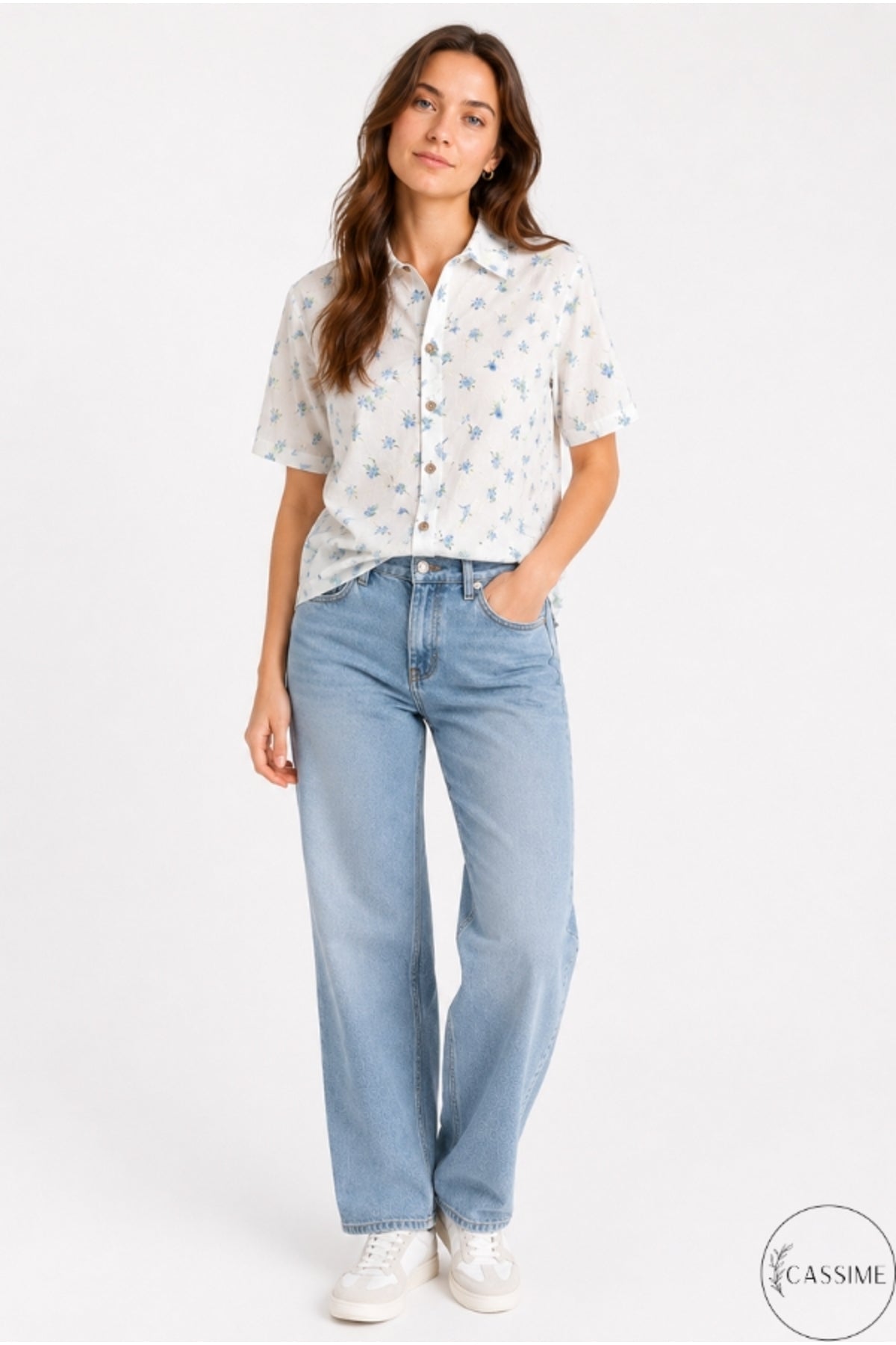 Women's Blue Mini Floral Cotton Short Sleeve Shirt - product photo 8