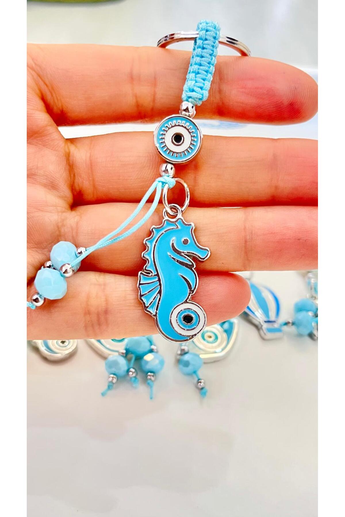 Abigail Silver-Plated Evil Eye Keychain - Light Blue Seahorse