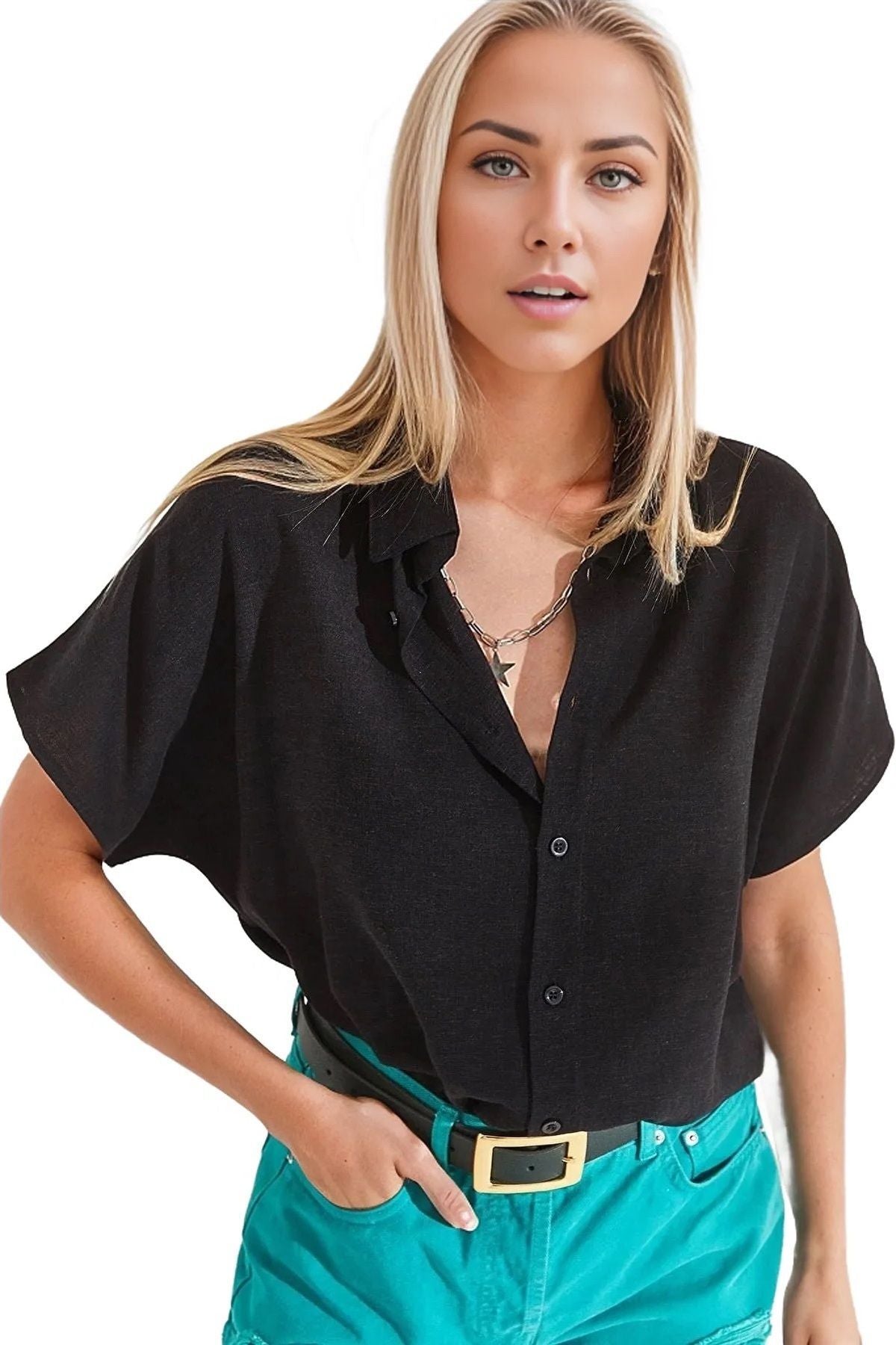 Jocelyn Women's Oversized Short Sleeve Batwing Shirt - Black