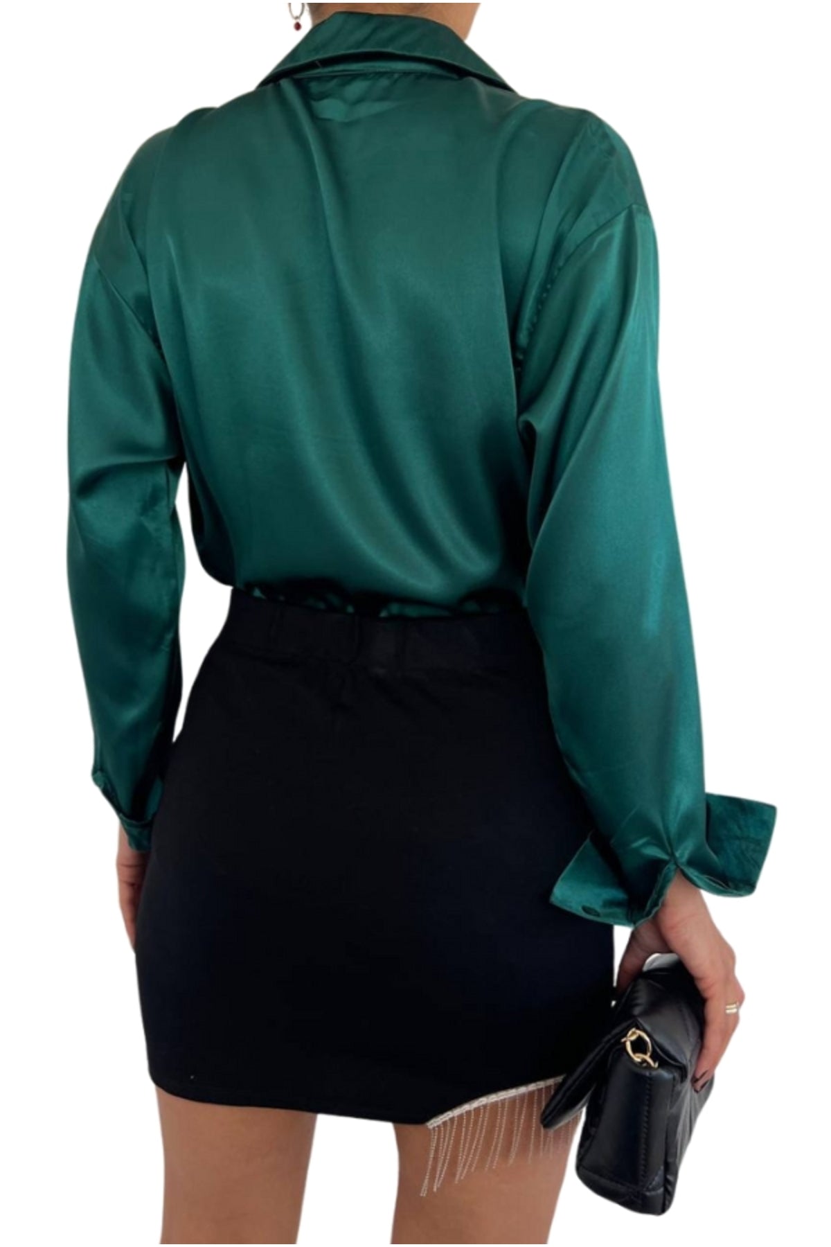 Leah Women's Classic Satin Button-Up Shirt - Emerald