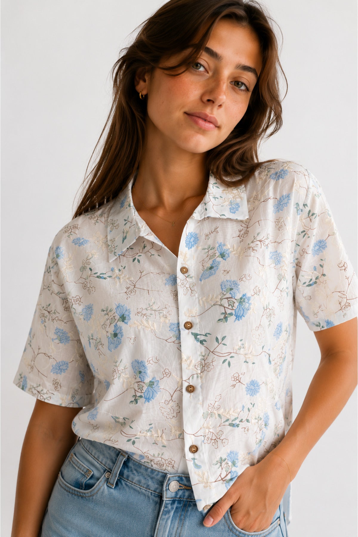 Women's Blue Lotus Floral Embroidered Cotton Short Sleeve Shirt - product photo 4
