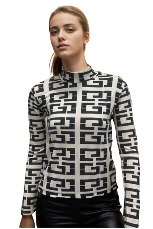 Sarah Women's Printed Slim Fit Long Sleeve Blouse - Black and White