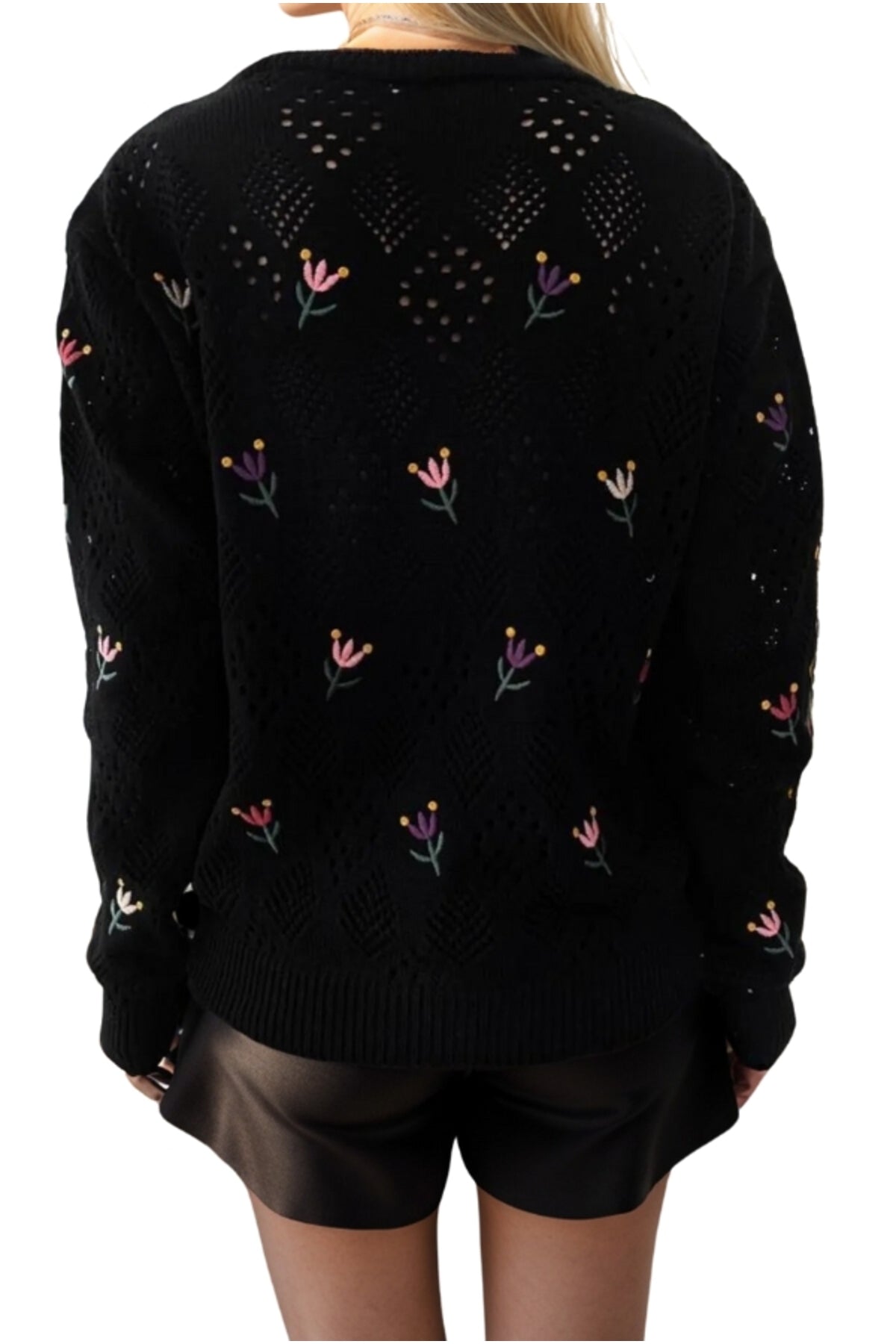 Rosalie Women's Floral Embroidered Openwork Sweater - Black