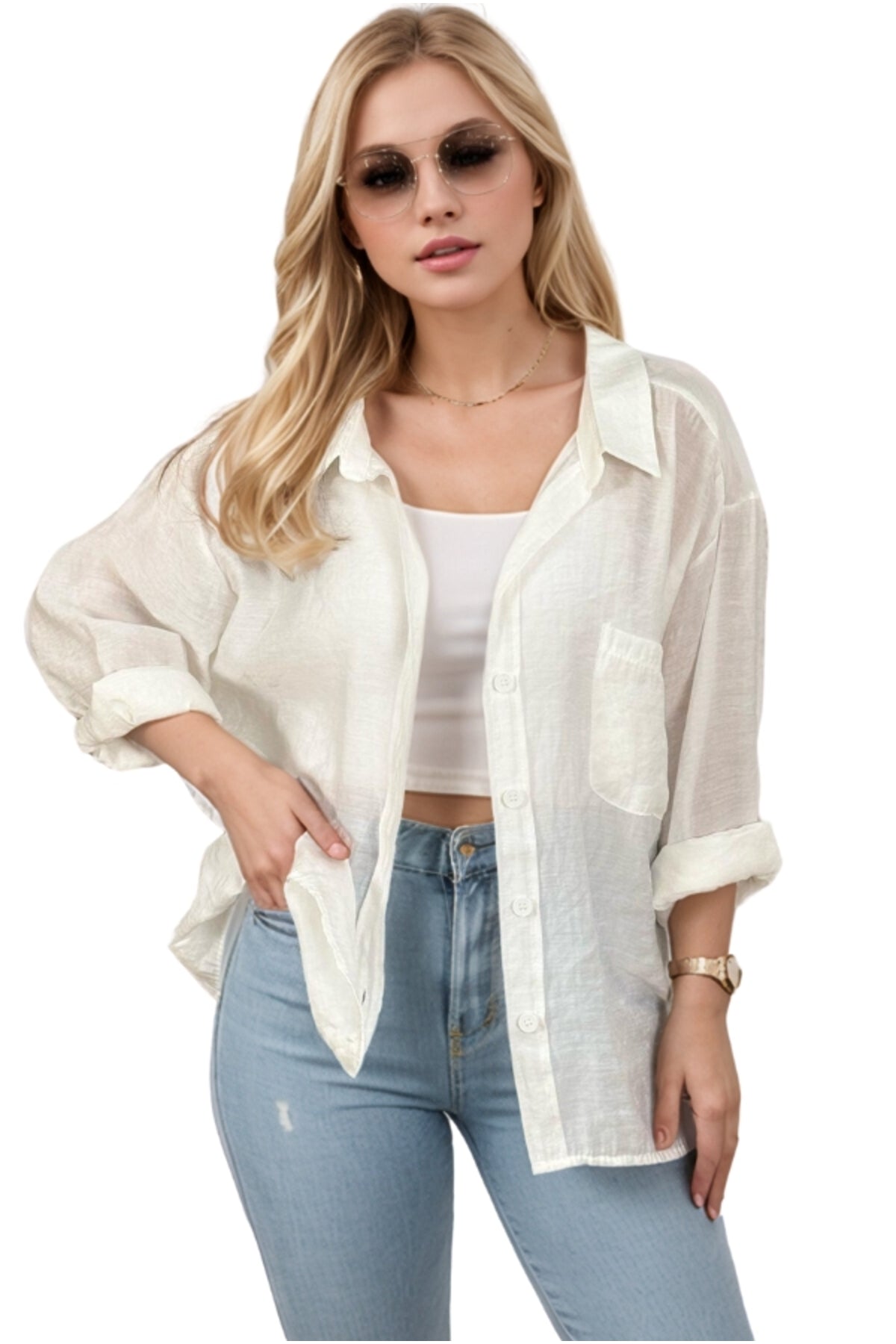 Georgia Women's Cotton Blend Oversized Long Sleeve Shirt - Ecru