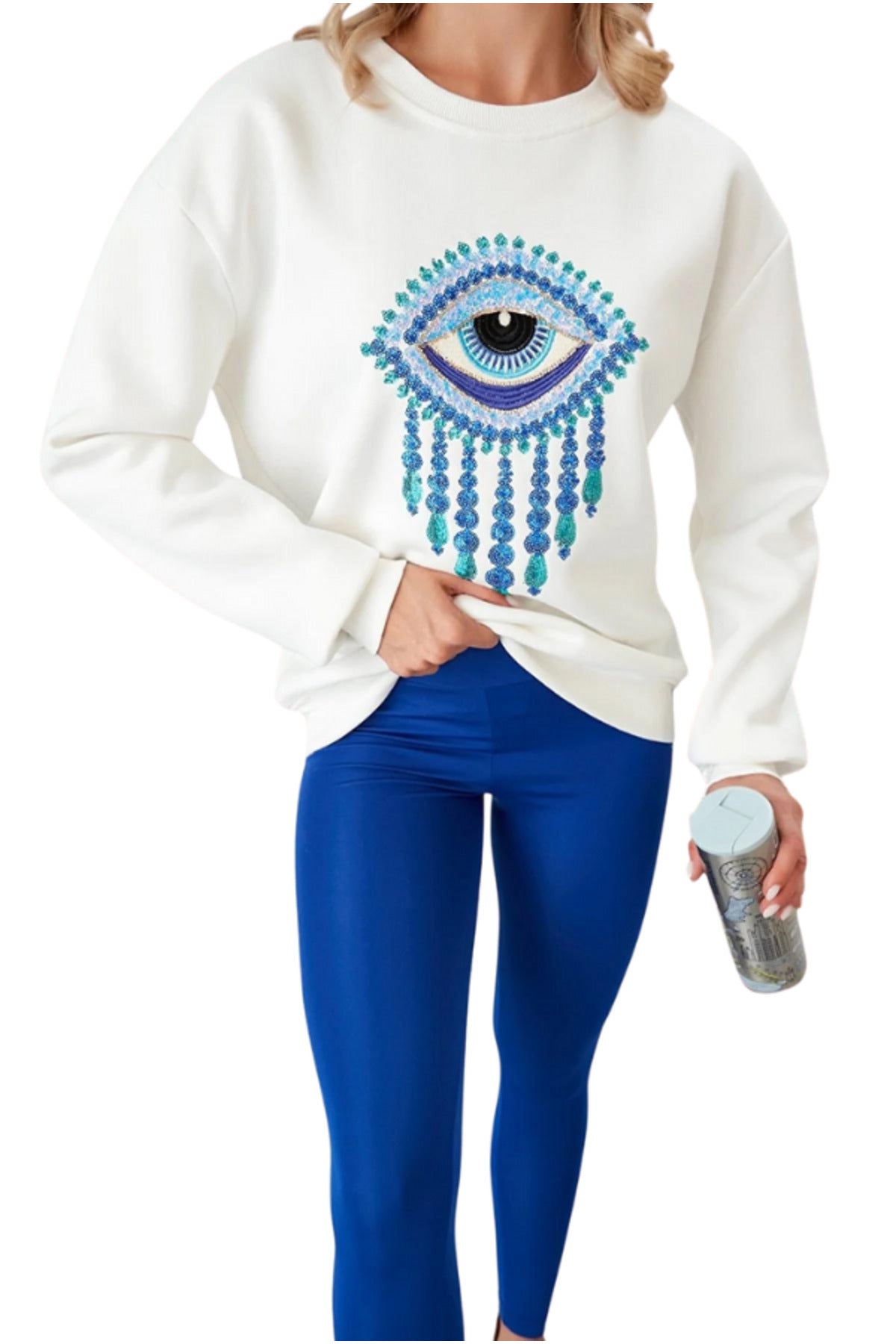 Ava Women's Cotton Embellished Evil Eye Sweatshirt - White