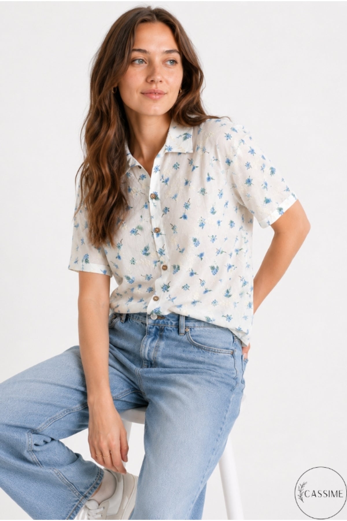 Women's Blue Mini Floral Cotton Short Sleeve Shirt - product photo 5