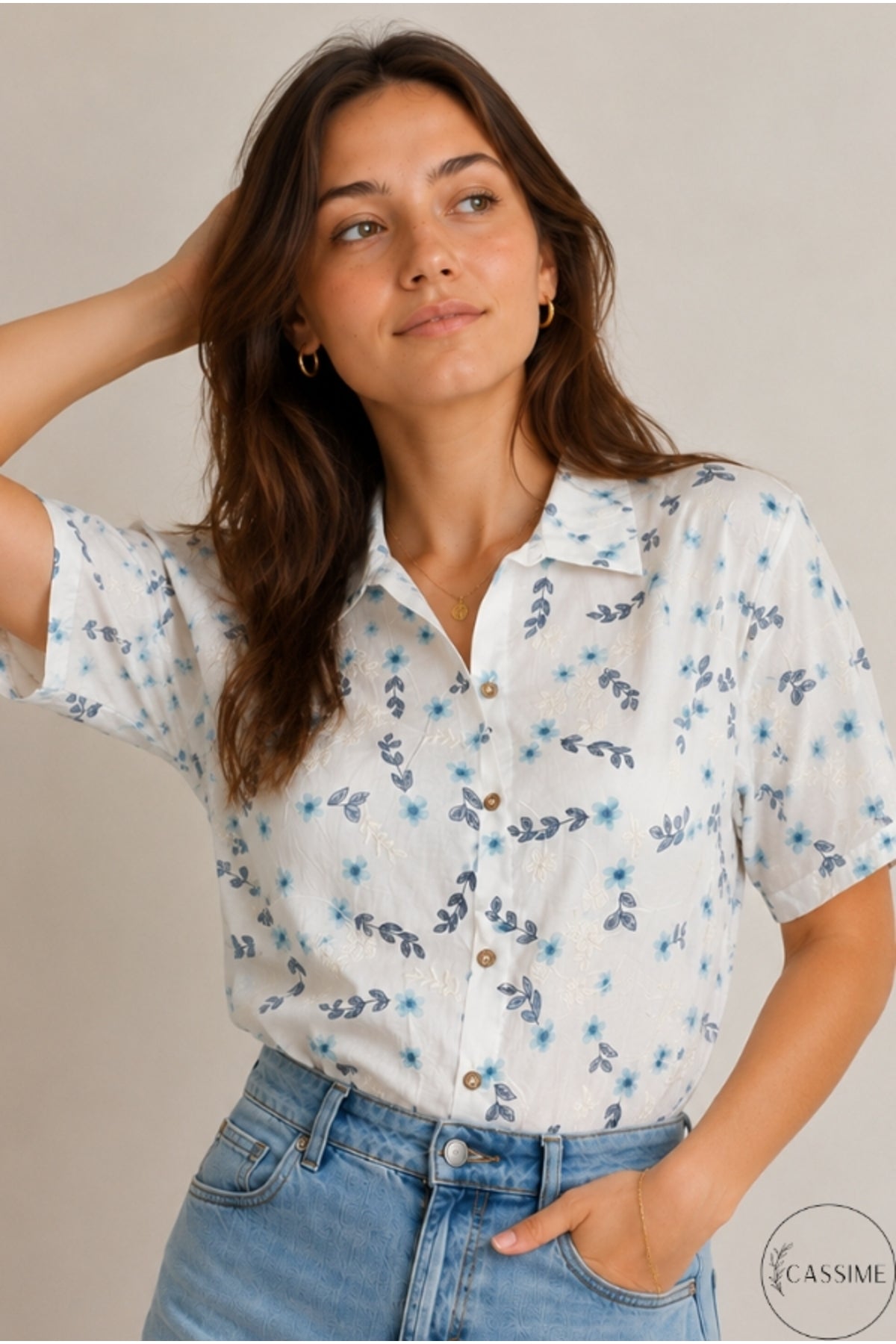 Women's oversized blue floral embroidered button-up shirt - view 1