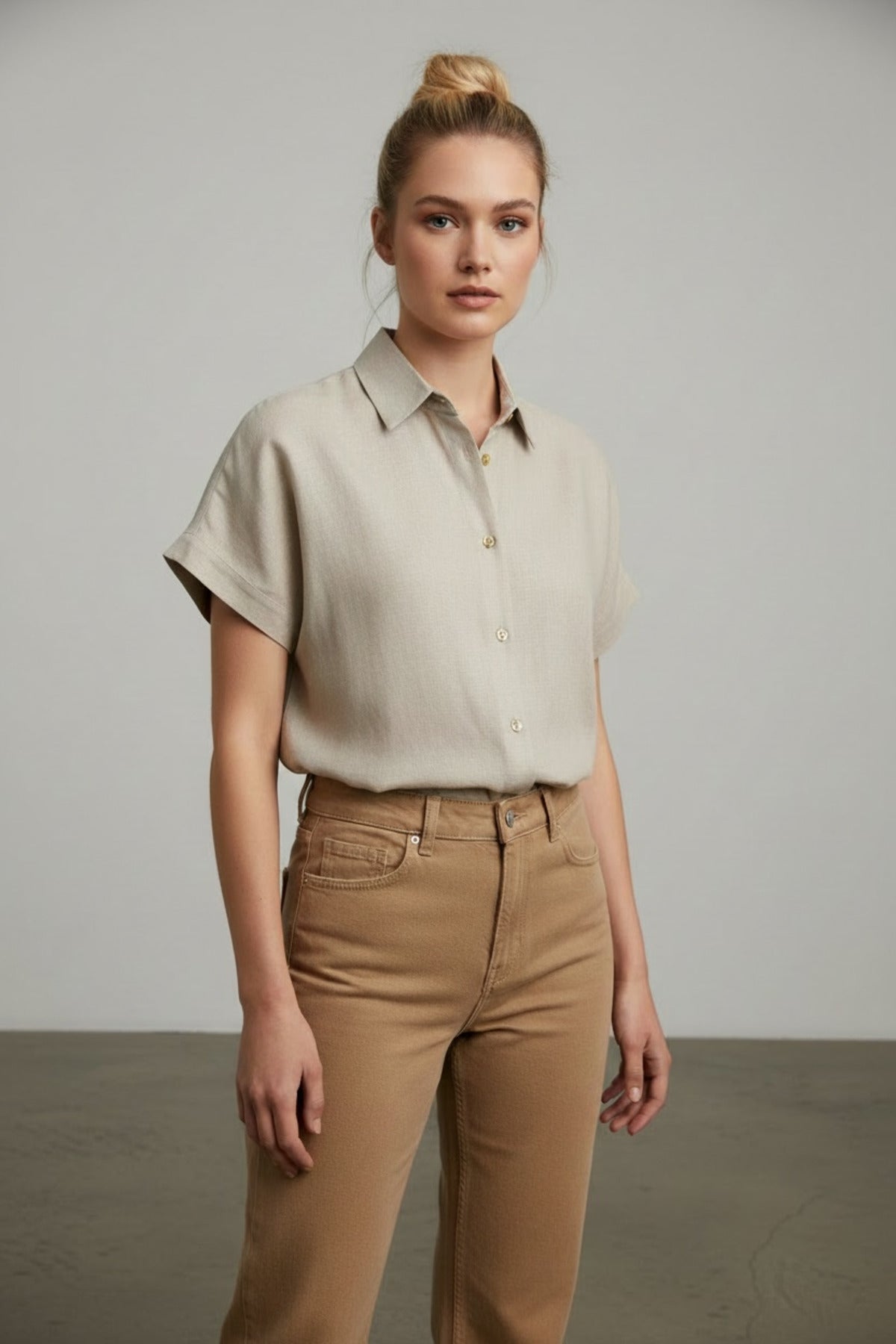 Freya Women's Linen Short Sleeve Batwing Shirt - Beige