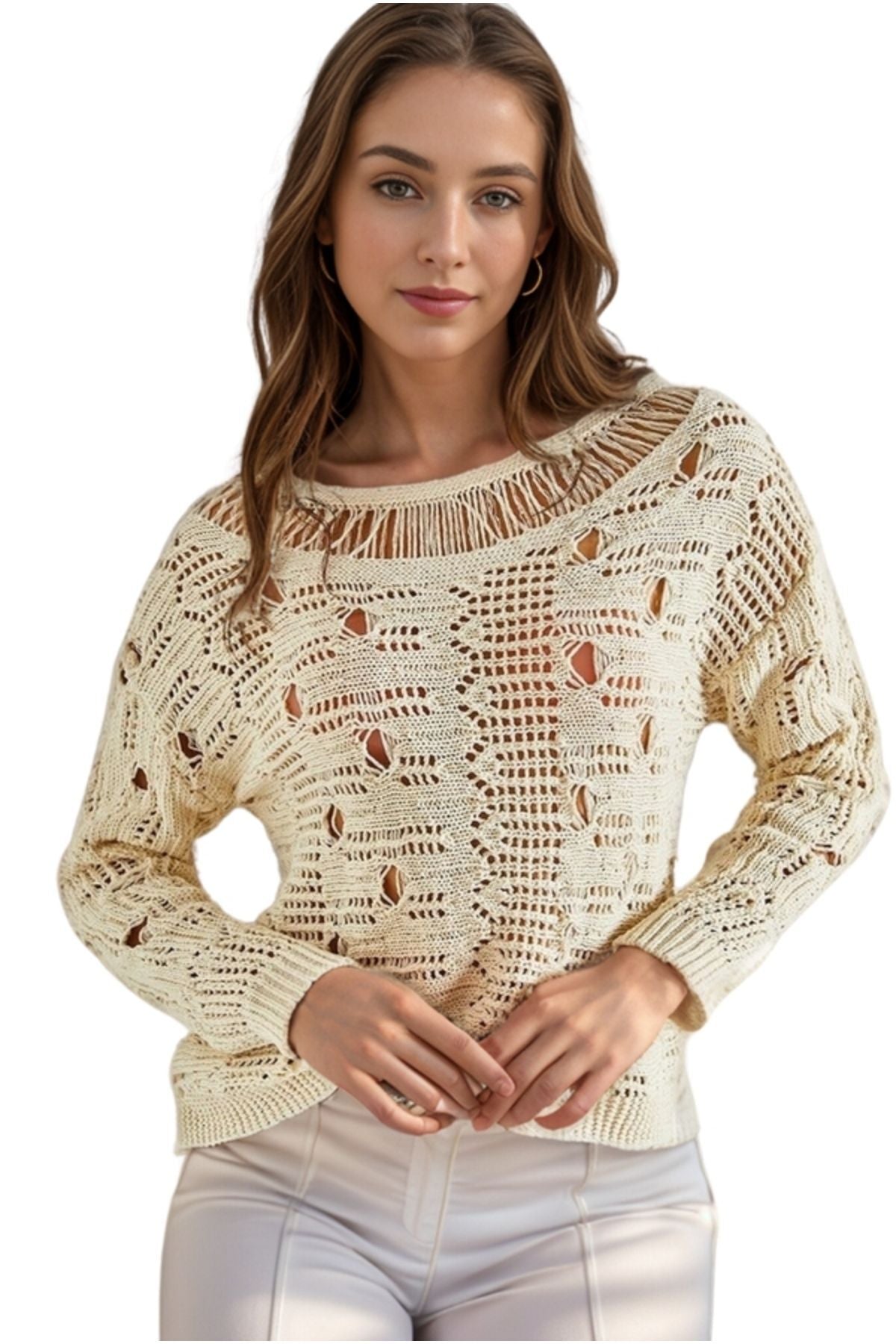 Annabelle Women's Openwork Knit Sweater - Beige
