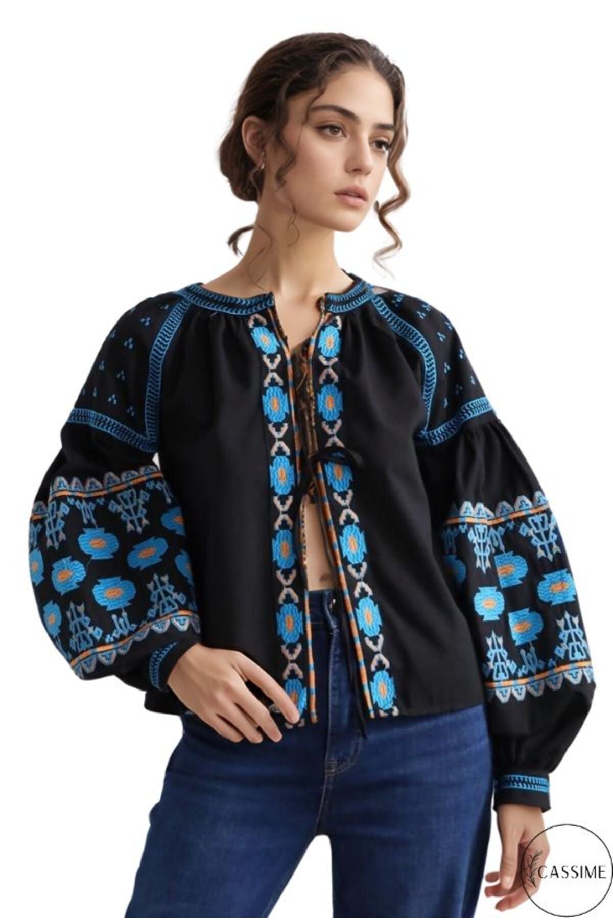 Fiona Women's Boho Print Balloon Sleeve Tie Jacket - Black