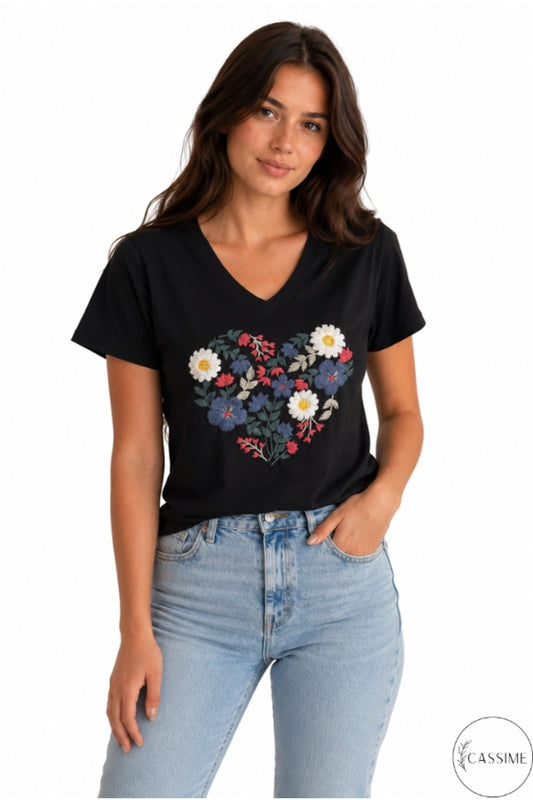 Olivia Women's Cotton Plus Size Embellished V-Neck T-Shirt - Multicolor with Black Embroidery