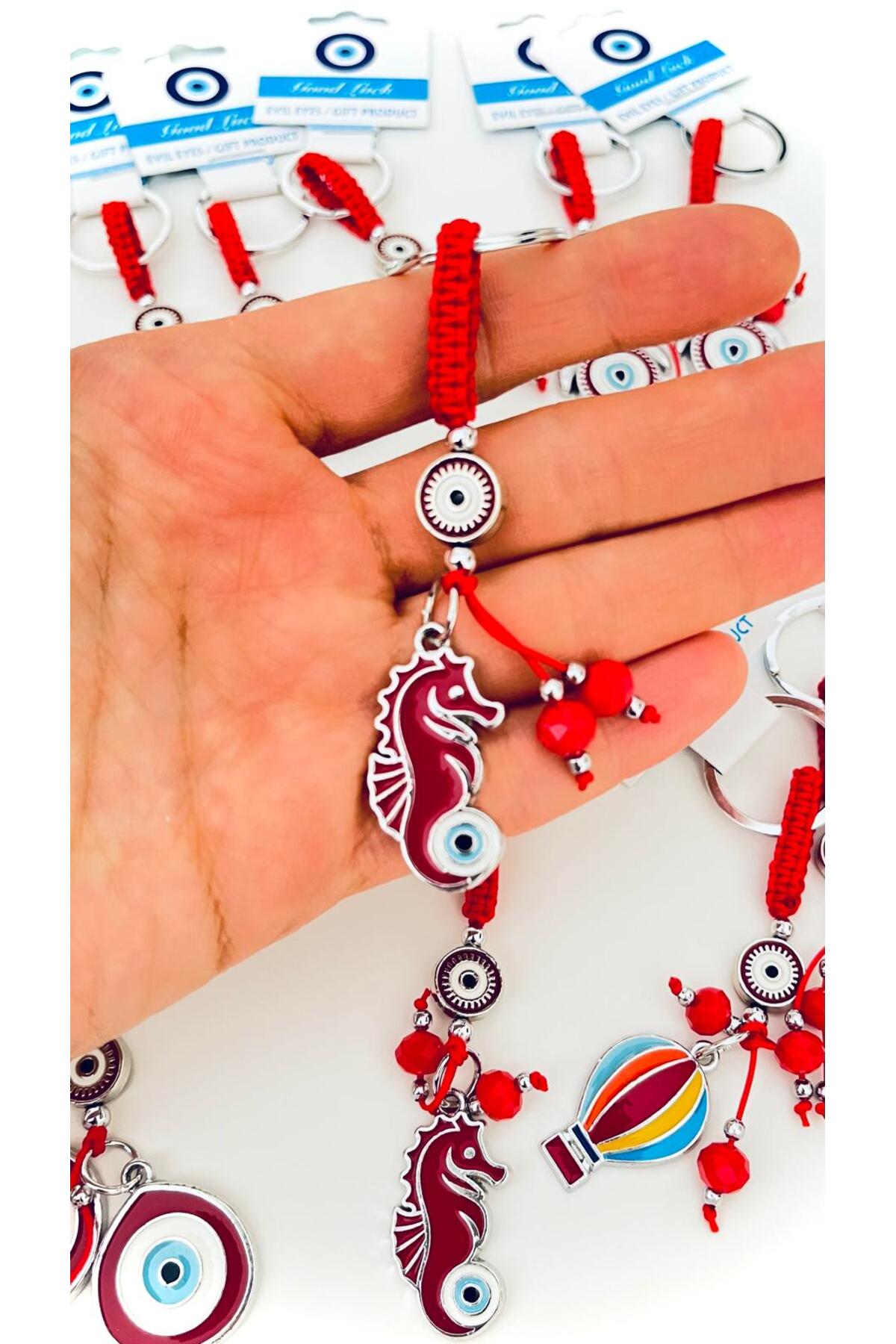 Abigail Silver-Plated Evil Eye Keychain - Red Seahorse Design