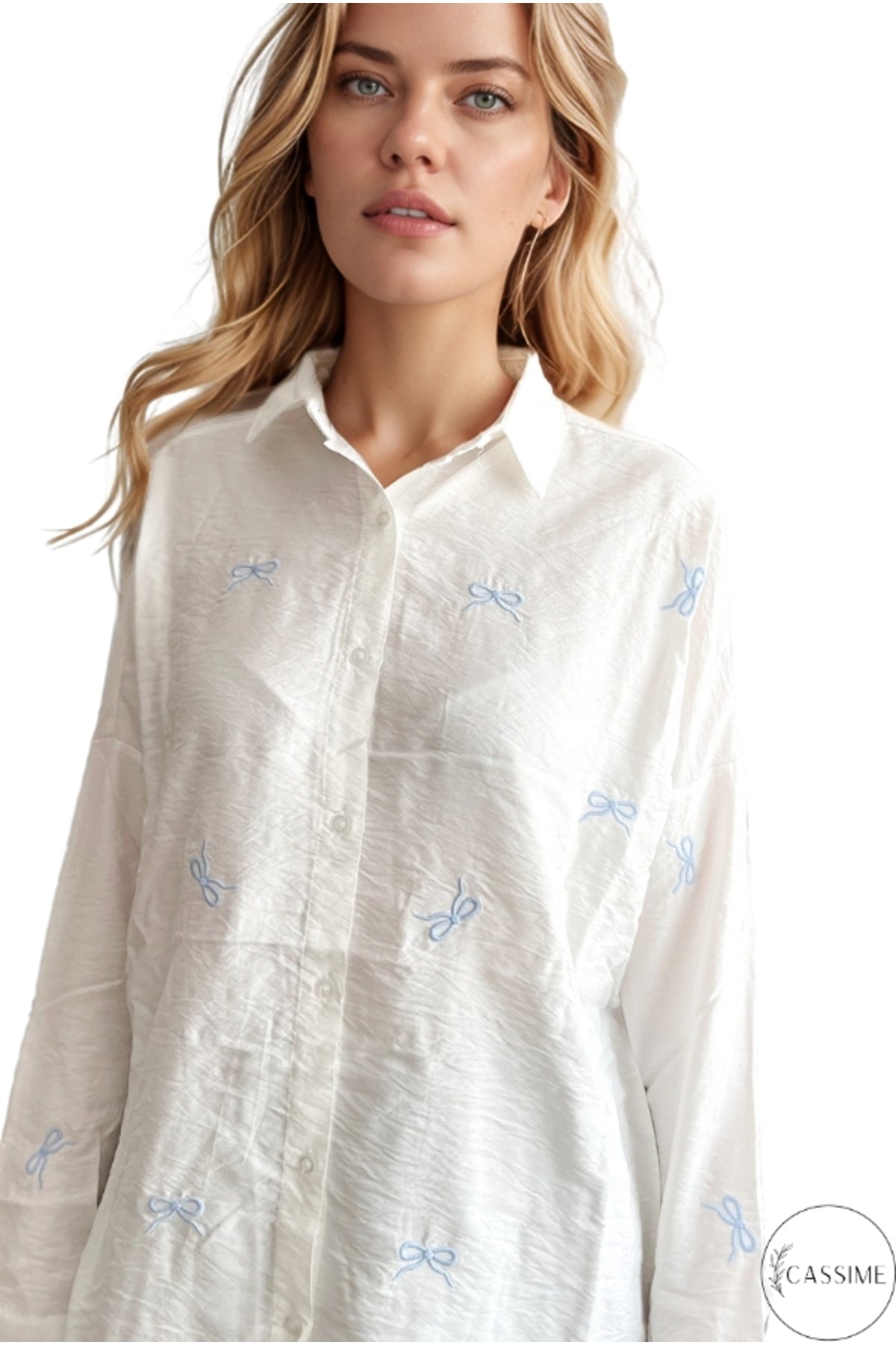 Delilah Women's Cotton Oversized Embellished Long Sleeve Shirt - White with Blue Ribbon Detail