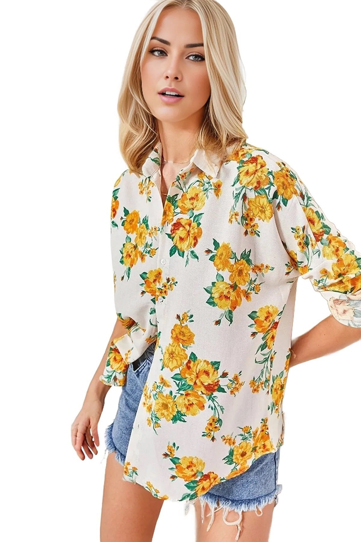 Emilia Women's Linen-Viscose Blend Oversized Printed Shirt - Bright Yellow Floral