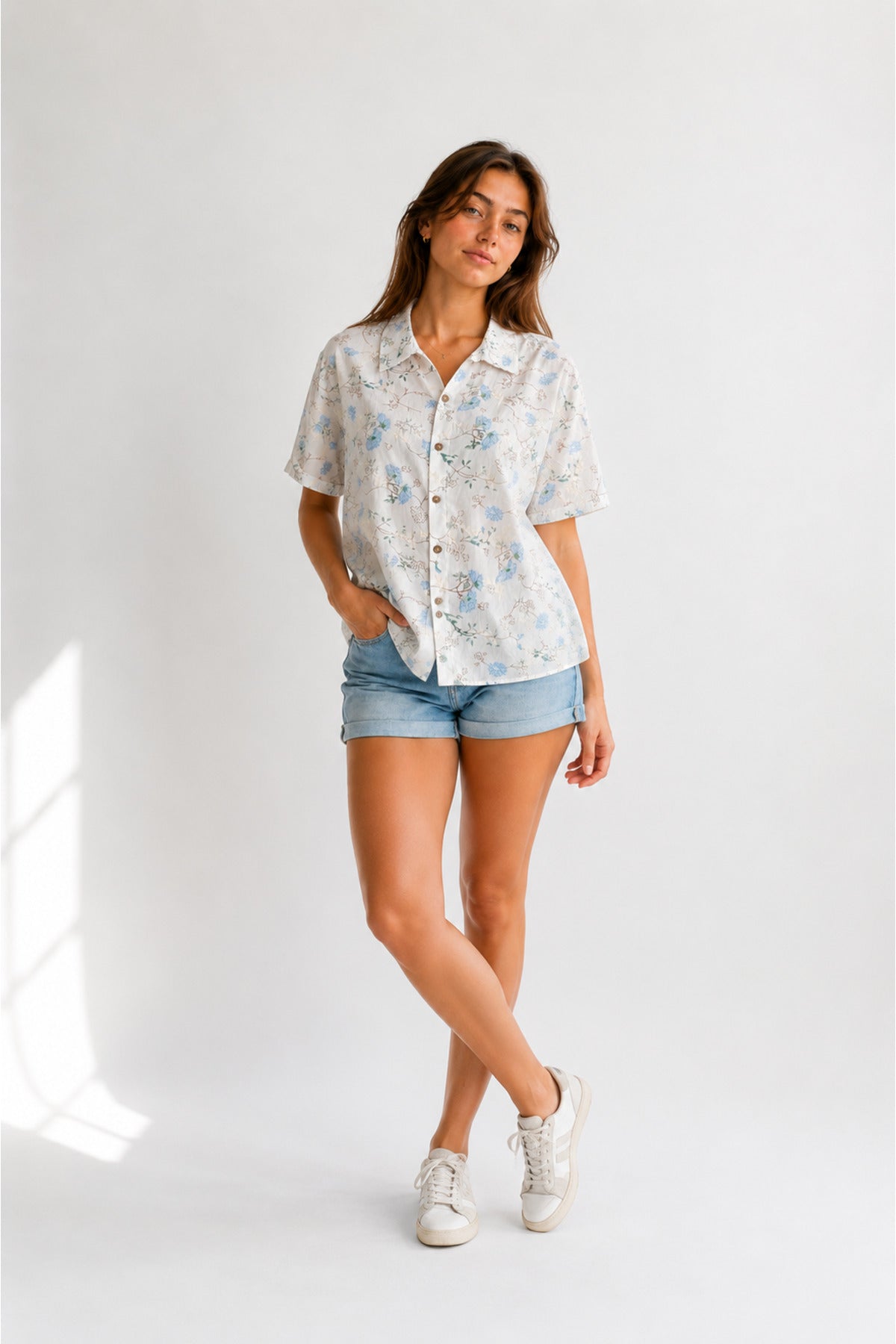 Women's blue lotus floral embroidered short sleeve shirt - view 5