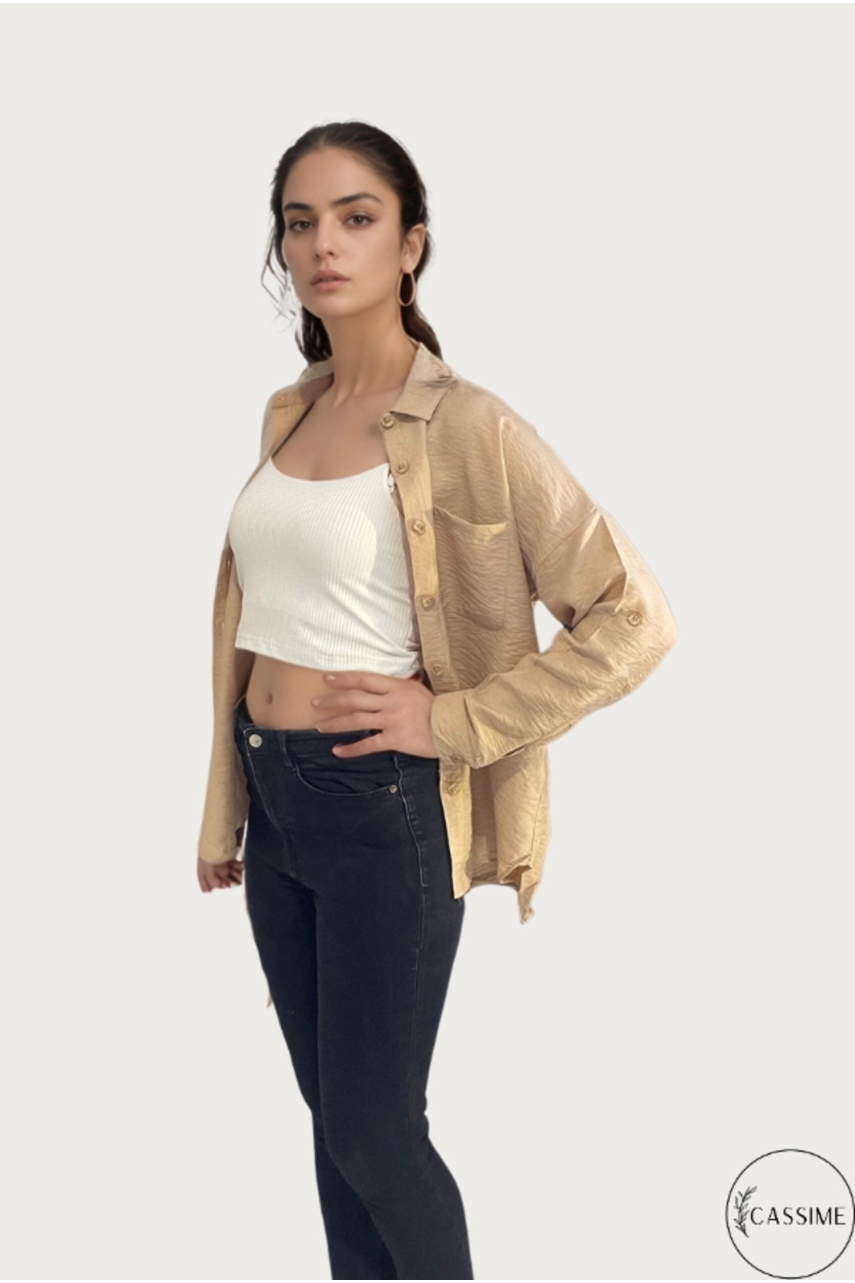 Georgia Women's Oversized Long Sleeve Shirt - Solid Beige