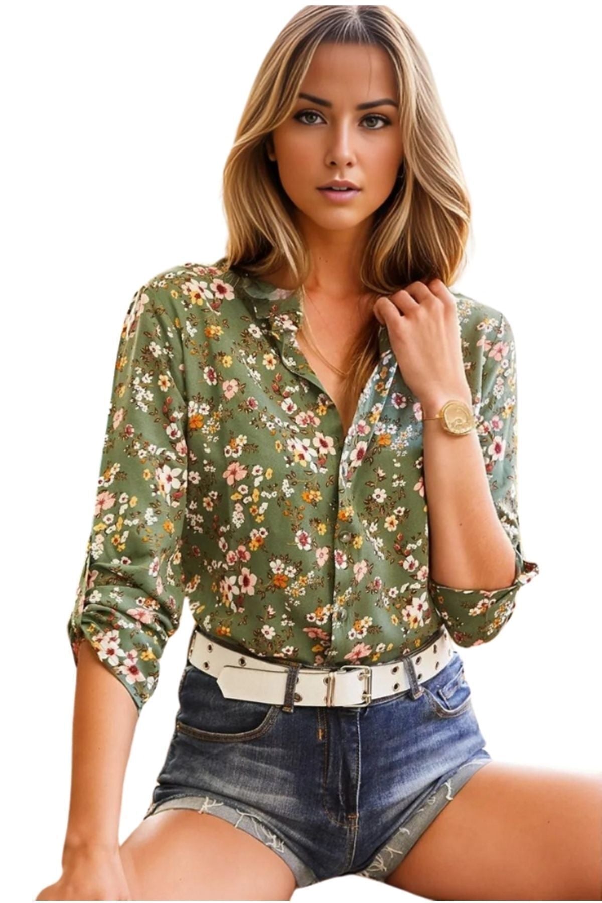 Amelia Women's Viscose Long Sleeve Button-Up Shirt - Khaki Mini Floral