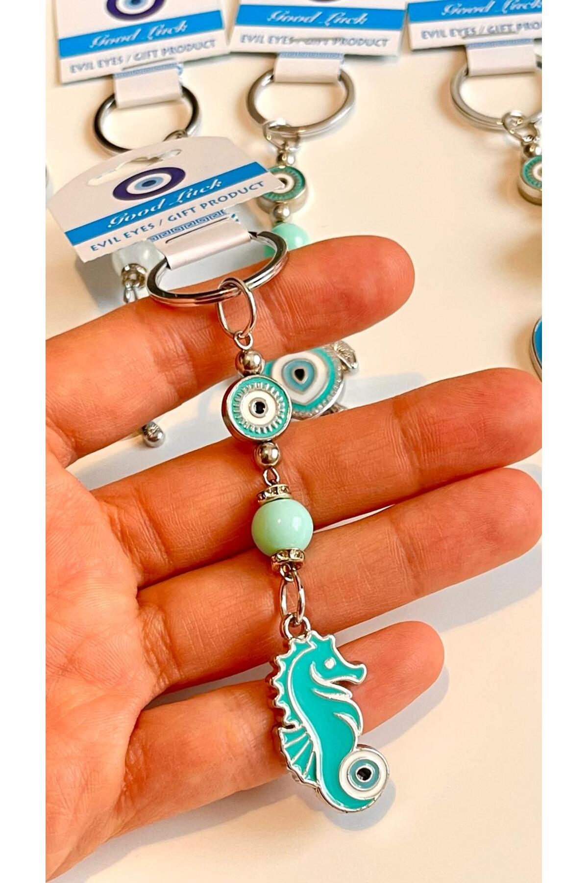 Abigail Silver-Plated Evil Eye Keychain - Turquoise Seahorse Design