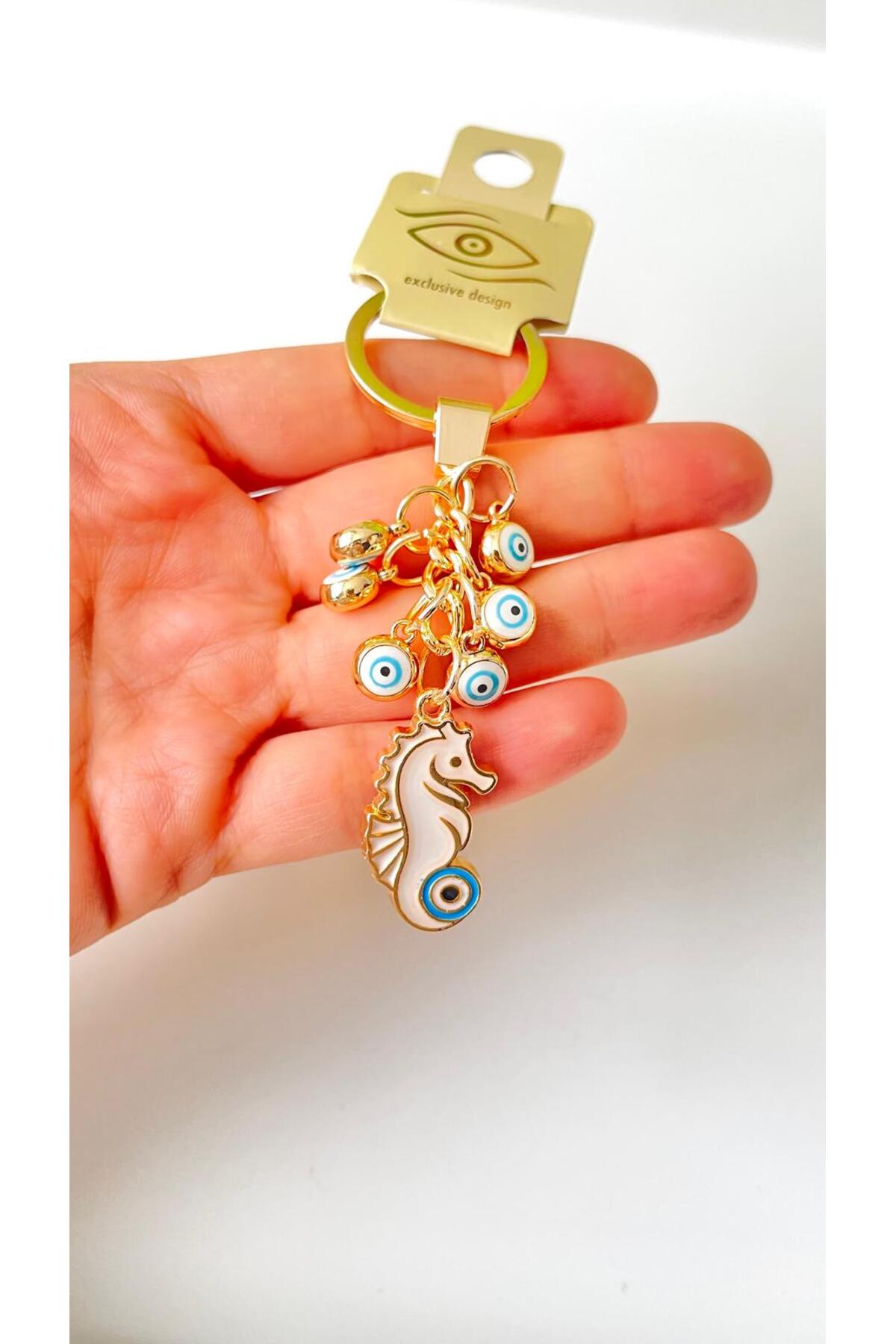 Madeleine Dangling Evil Eye Keychain - White Seahorse