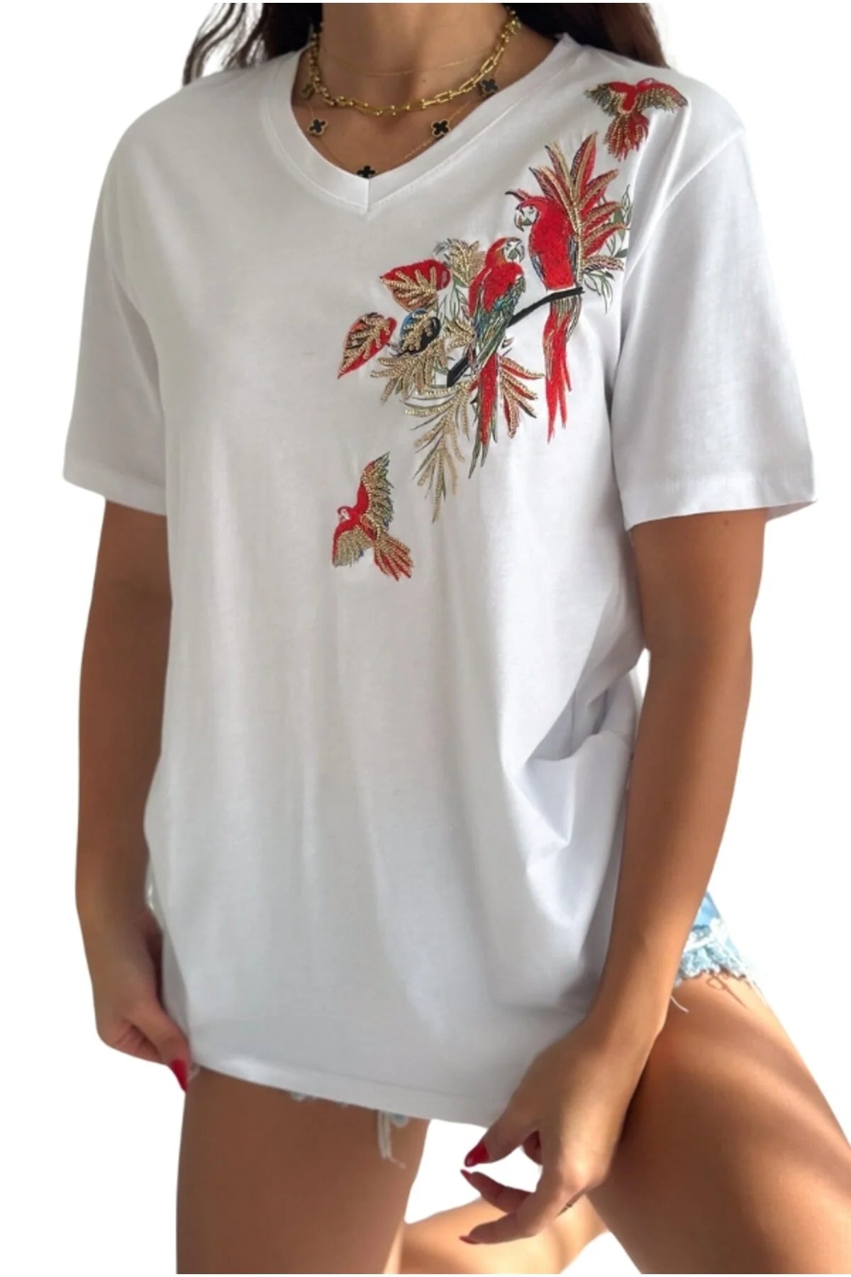Tilda White Parrot Floral Design Cotton T-Shirt