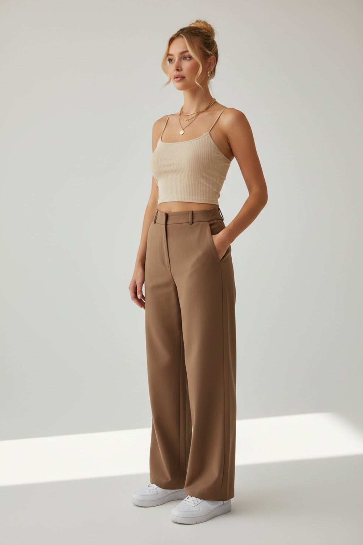 Evelyn Women's Knit Spaghetti Strap Crop Top - Beige and Cream