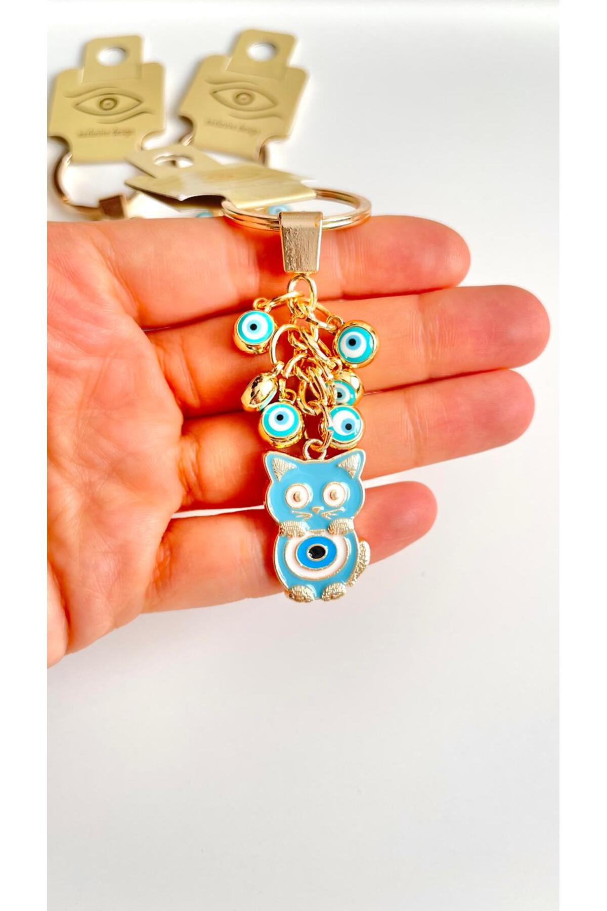 Madeleine Dangling Evil Eye Keychain - Light Blue Cat