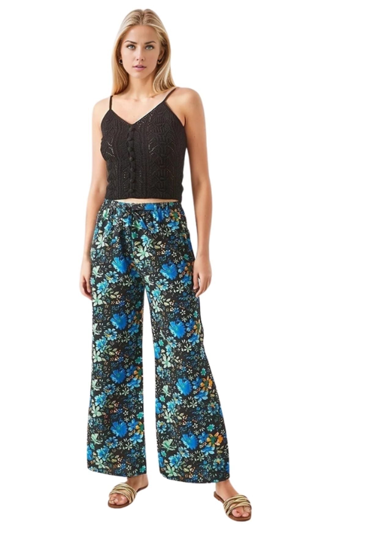 Lucy Women's Linen Blend Wide Leg Palazzo Pants - Black with Blue Floral Print