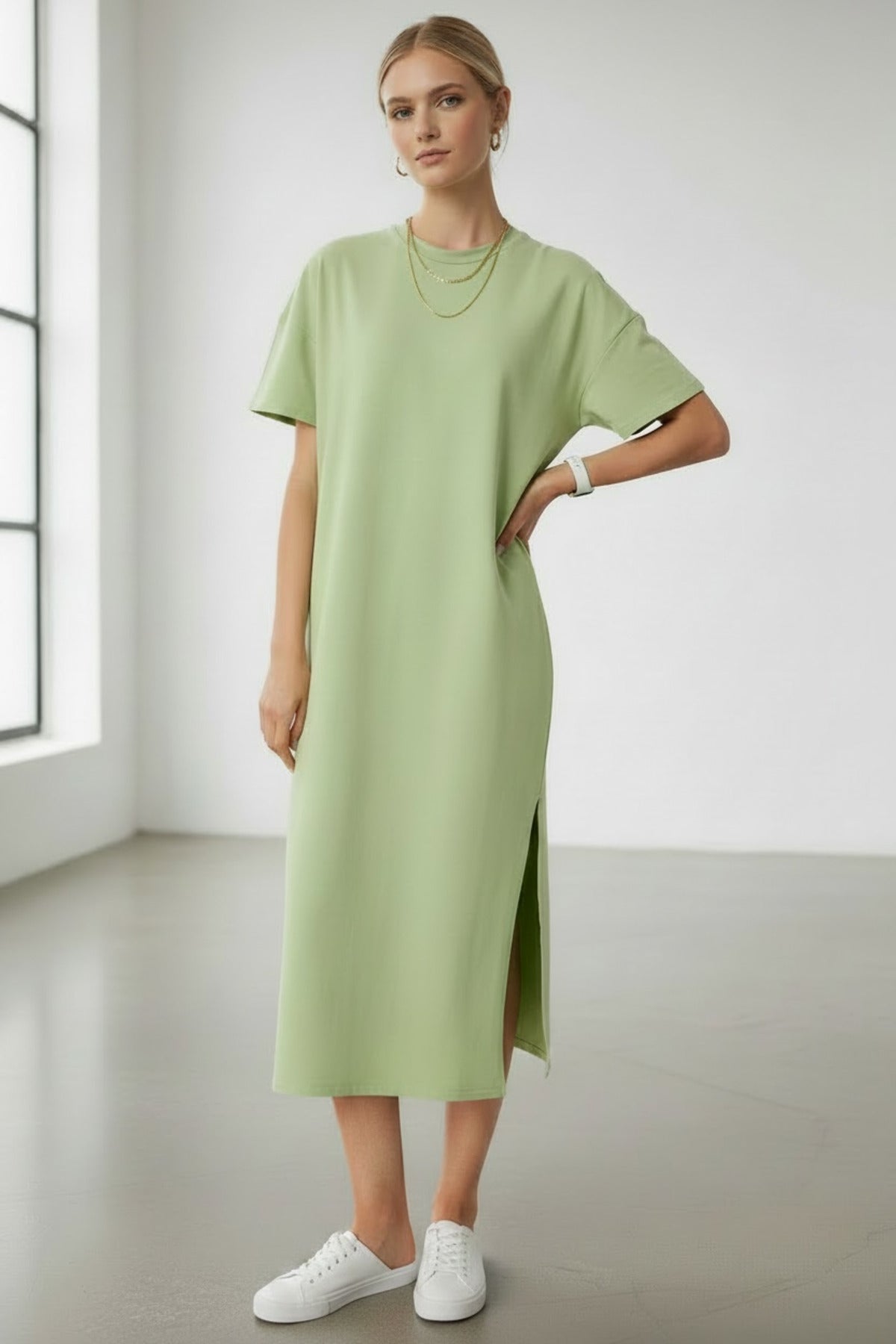 Lucille Women's Half Sleeve Knit Maxi Dress with Slit - Pistachio Almond Green