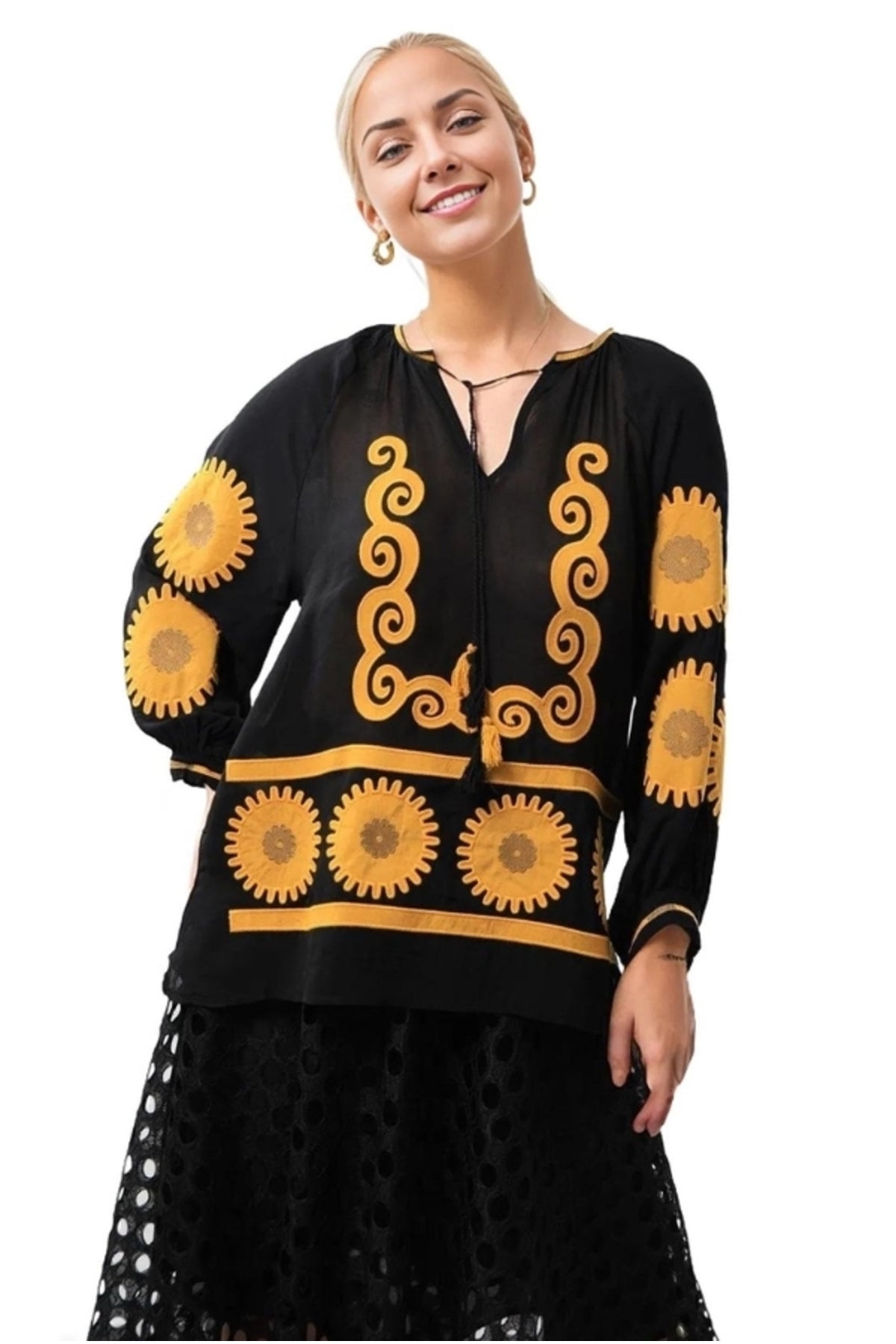 Ainsley Women's Cotton Vintage Inspired Floral Embroidered Blouse - Black