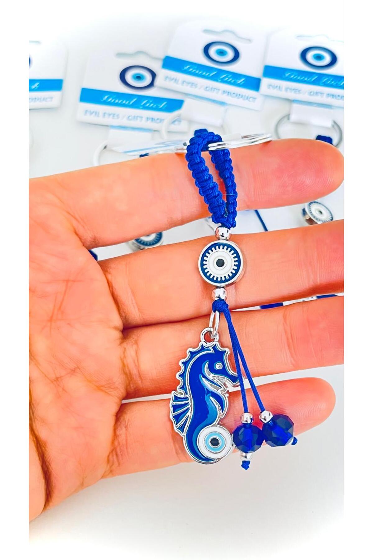 Abigail Silver-Plated Evil Eye Keychain - Navy Seahorse