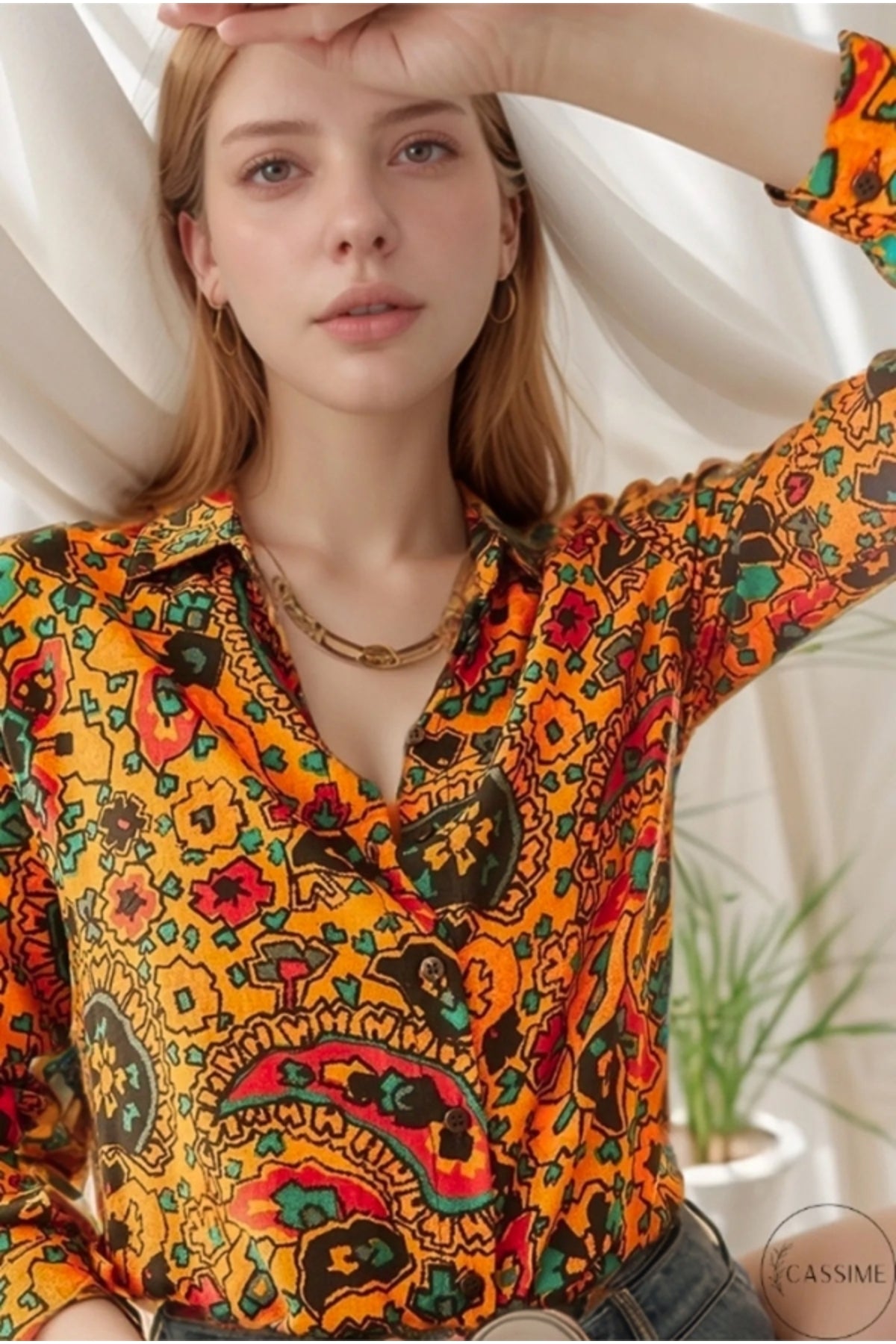 Amelia Women's Viscose Long Sleeve Button-Up Shirt - Mustard Paisley Print