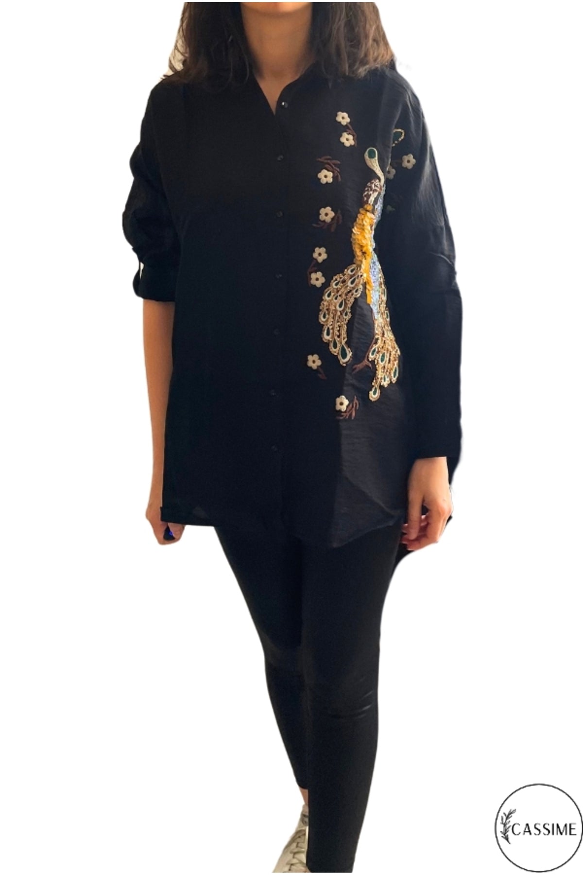 Emily Women's Peacock Sequin Oversized Shirt - Black Peacock