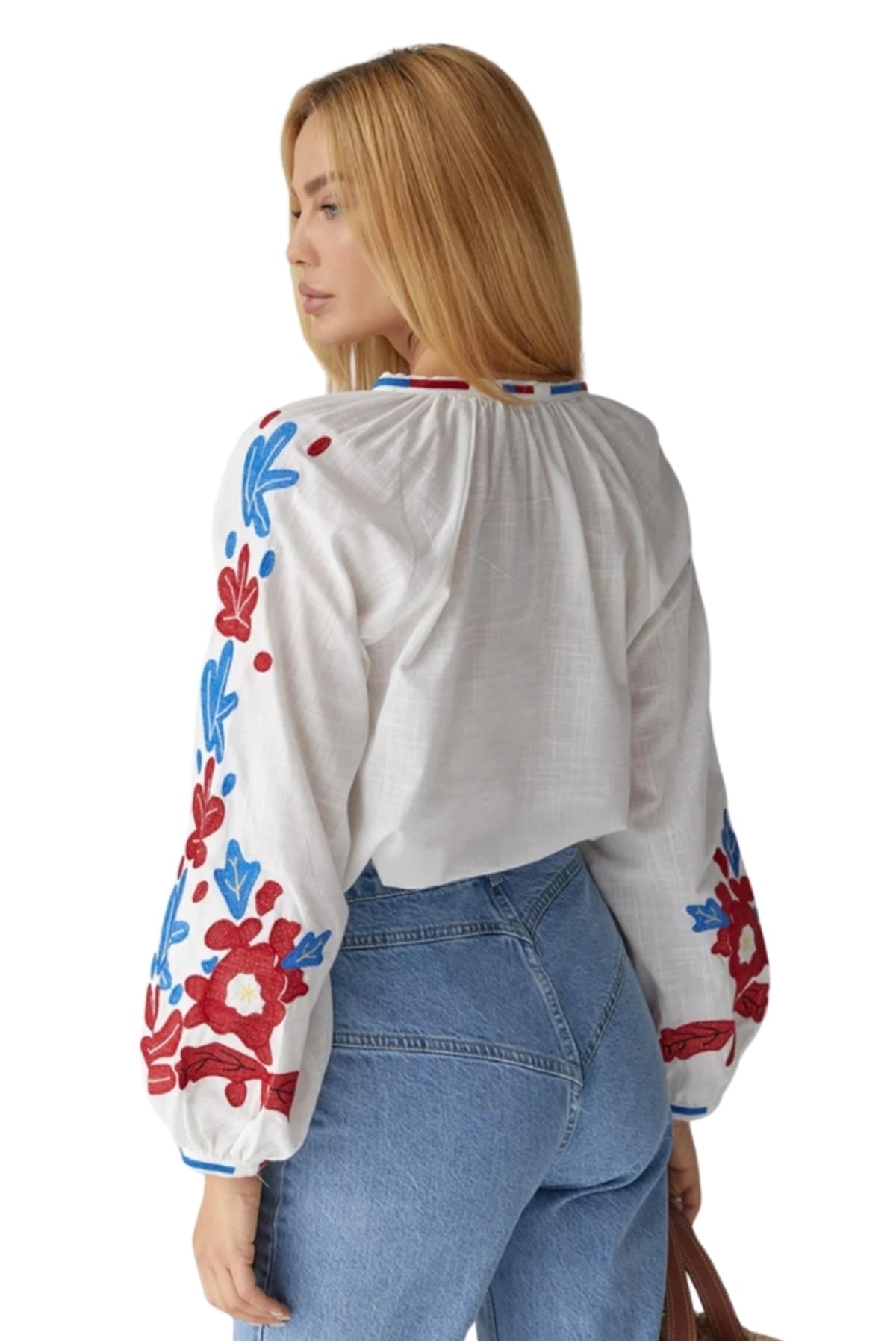 Sylvia Women's Cotton Floral Embroidered Blouse - White with Red and Blue Floral Embroidery