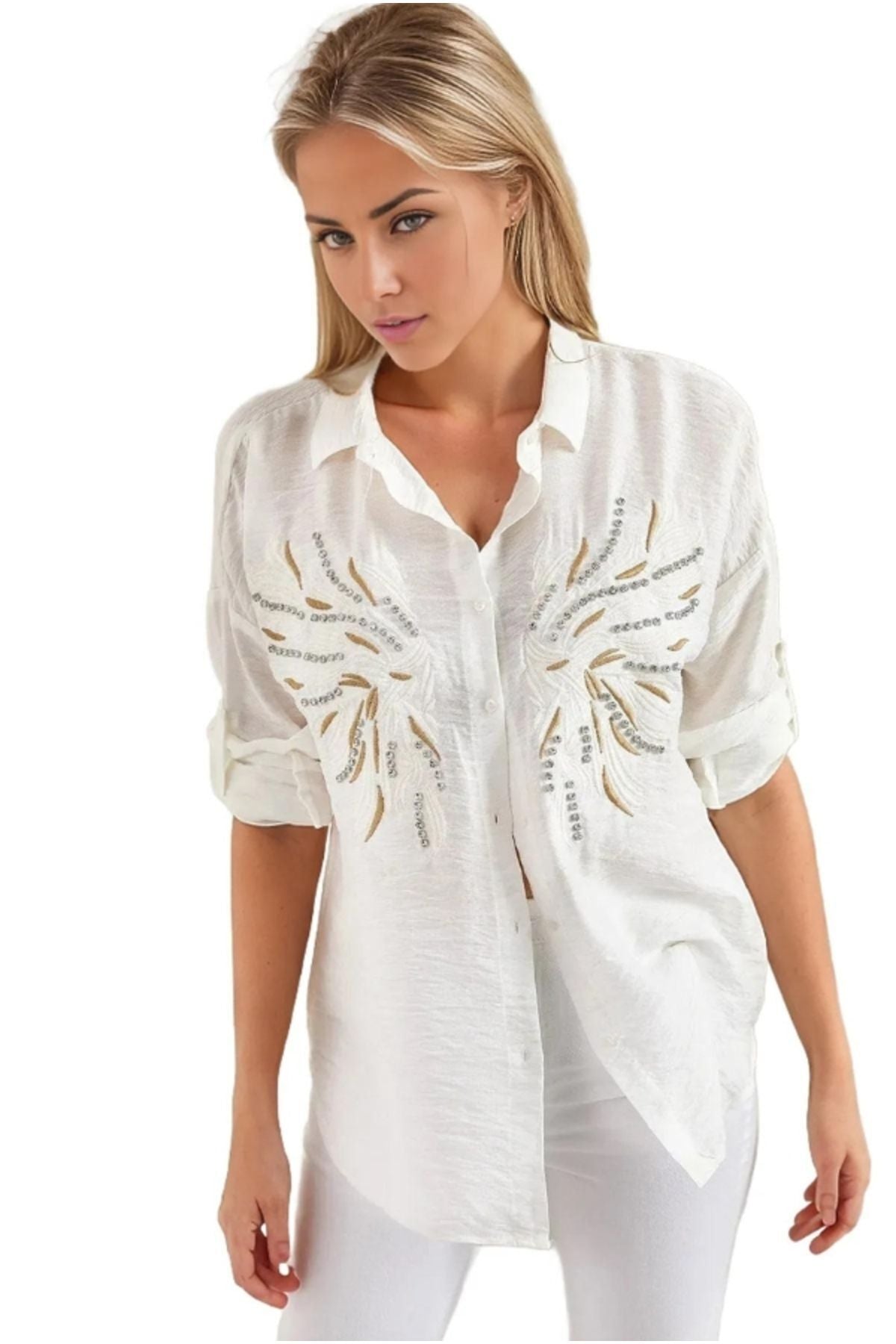 Natasha Women's Embroidered Oversized Shirt - Off-White