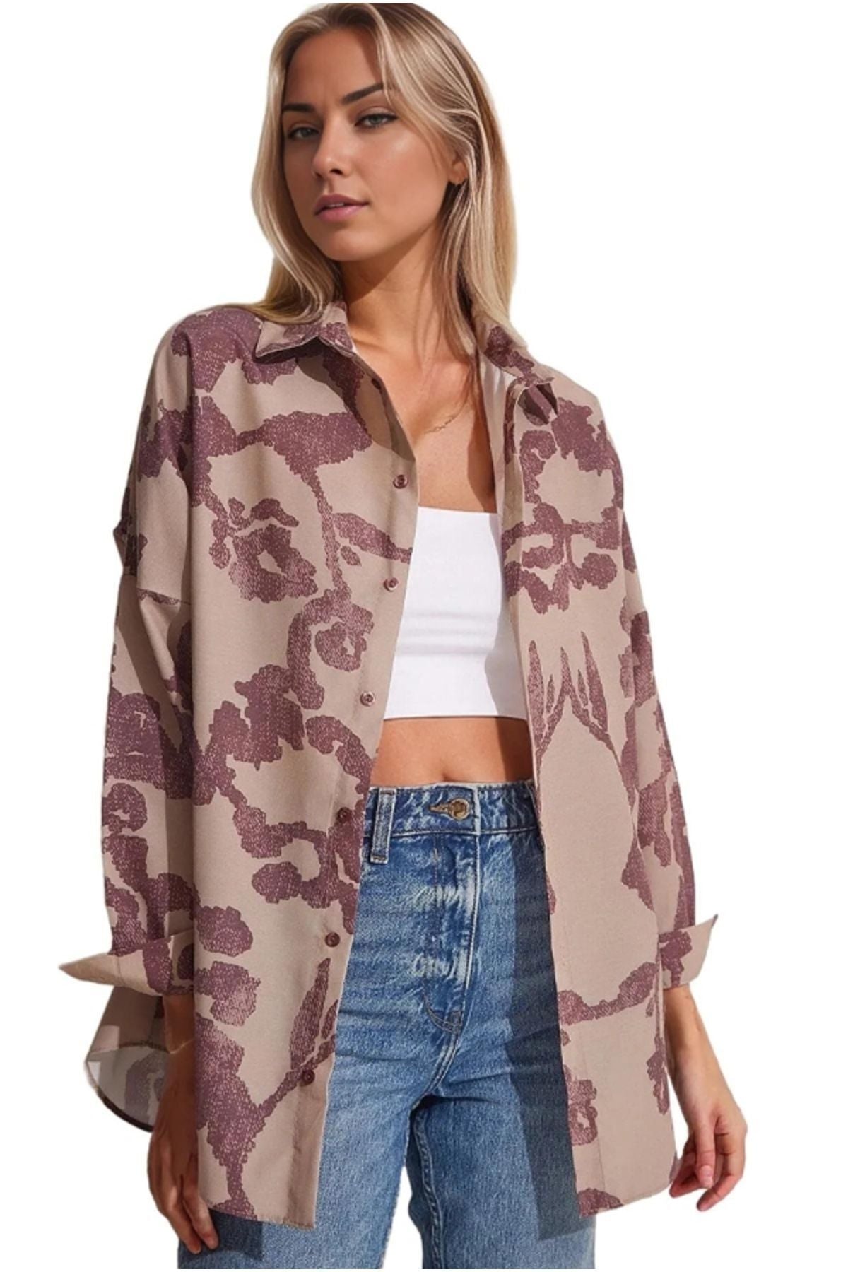 Melissa Women's Oversized Longline Shirt - Beige and Dusty Rose Print