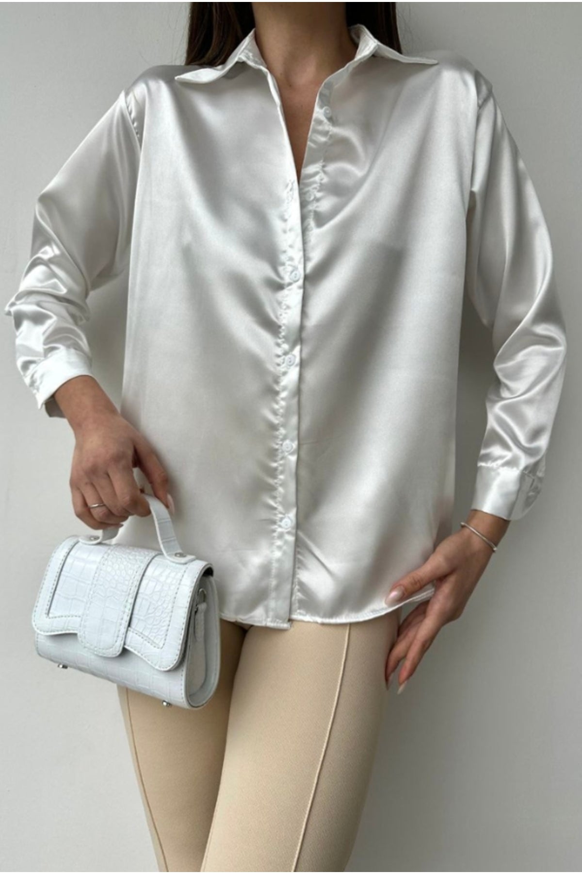 Leah Women's Classic Satin Button-Up Shirt - Ecru