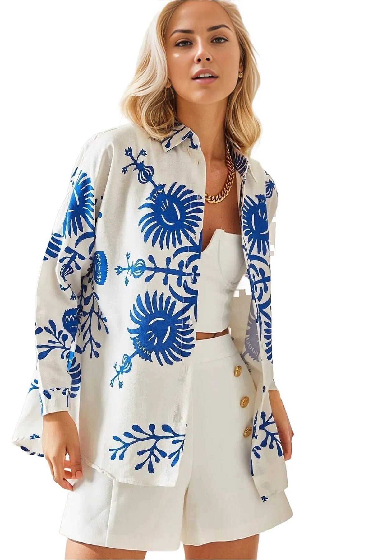 Emilia Women's Linen-Viscose Blend Oversized Printed Shirt - Blue Tulip
