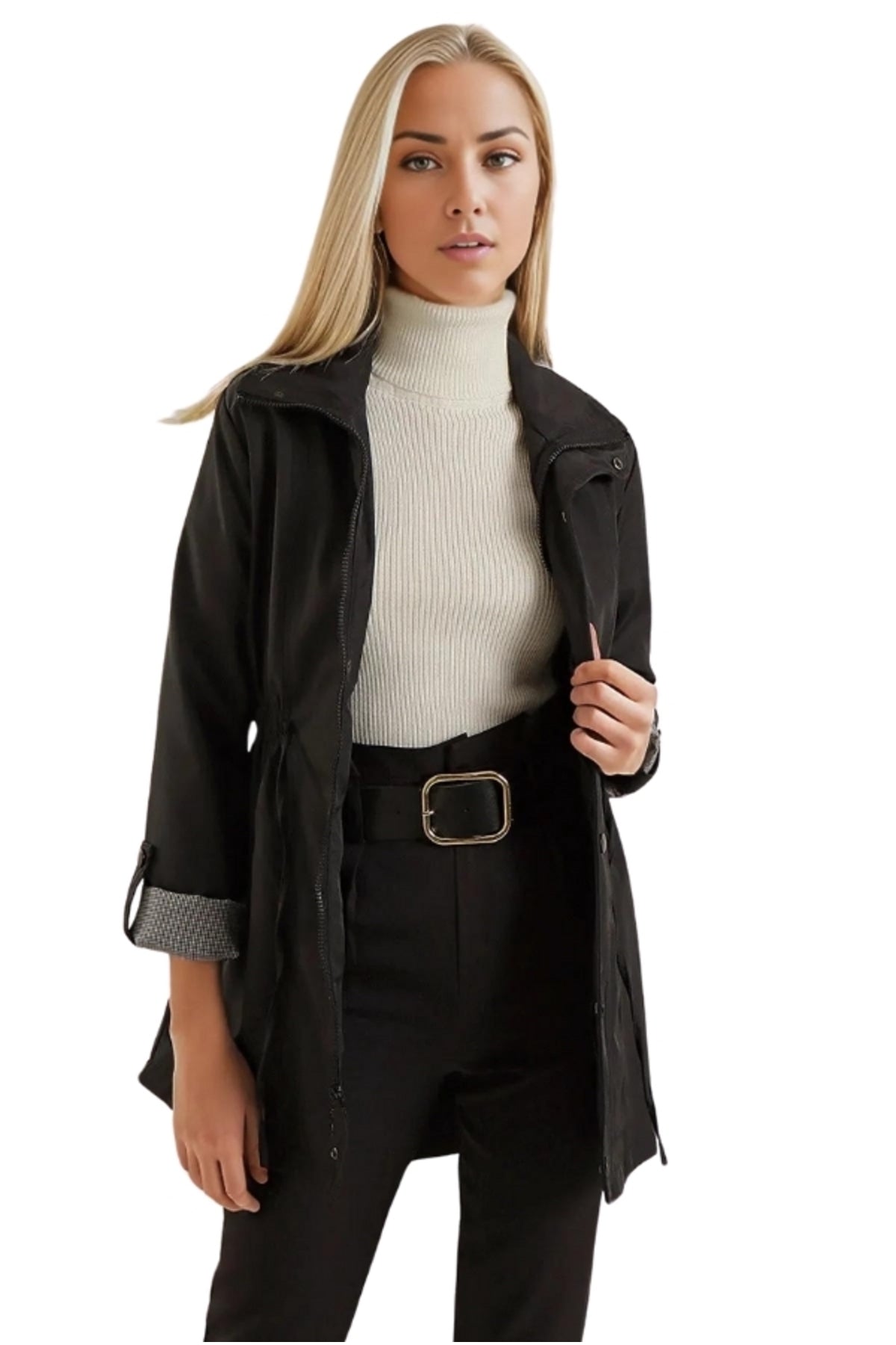 Serena Women's Drawstring Waist Trench Coat - Black